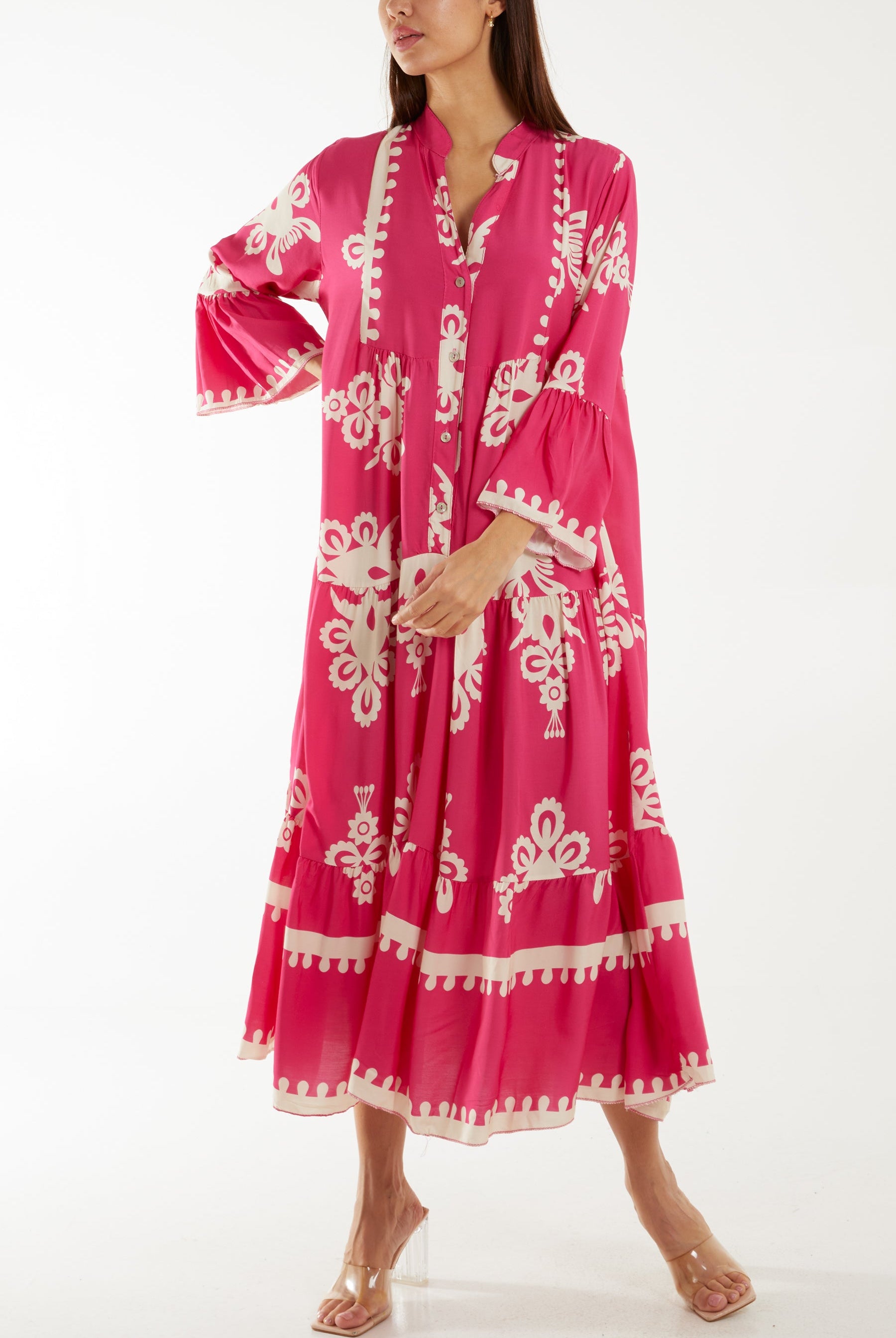 Printed Tiered Maxi Dress Dresses WearAll Hot Pink One Size