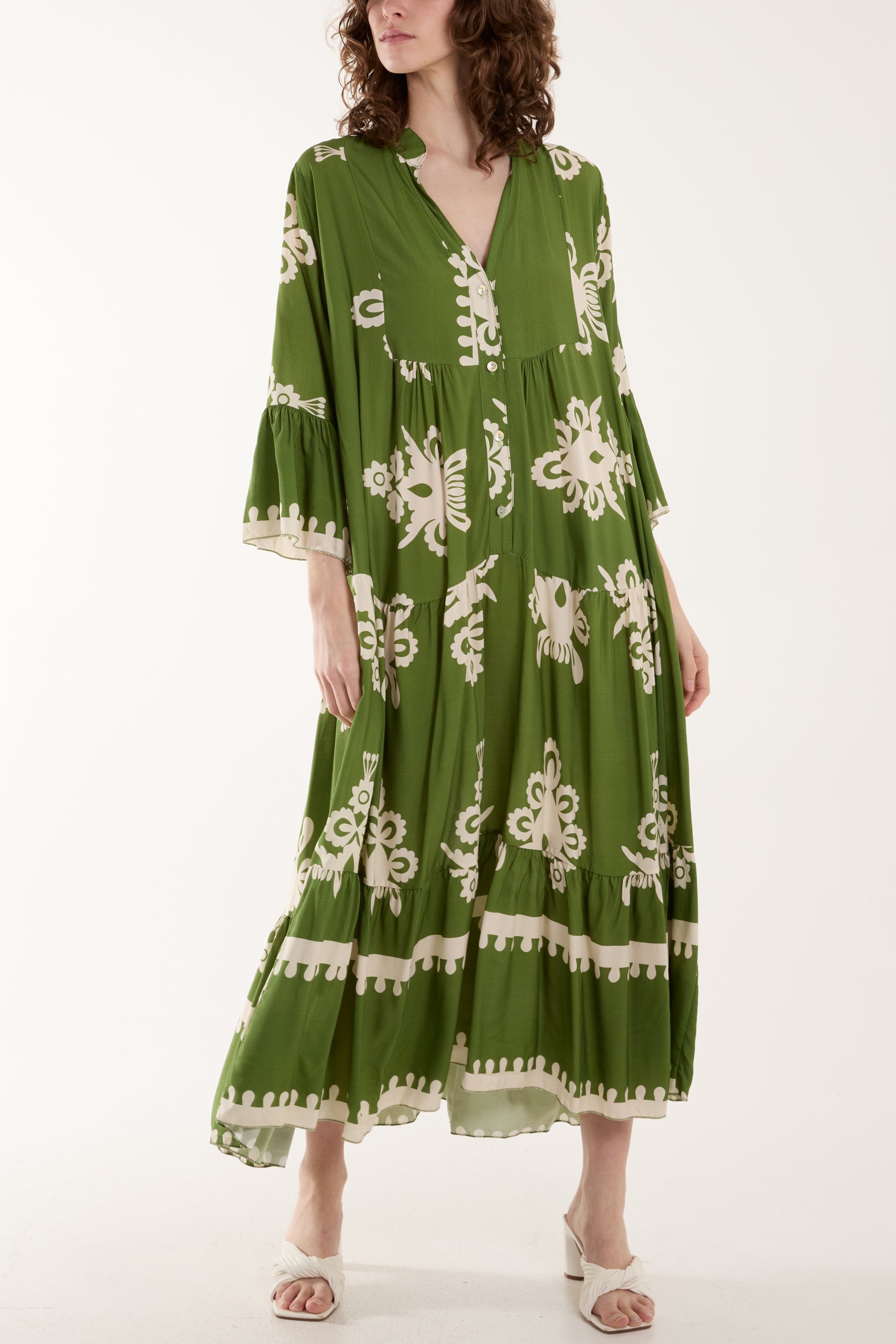 Printed Tiered Maxi Dress Dresses WearAll Khaki One Size