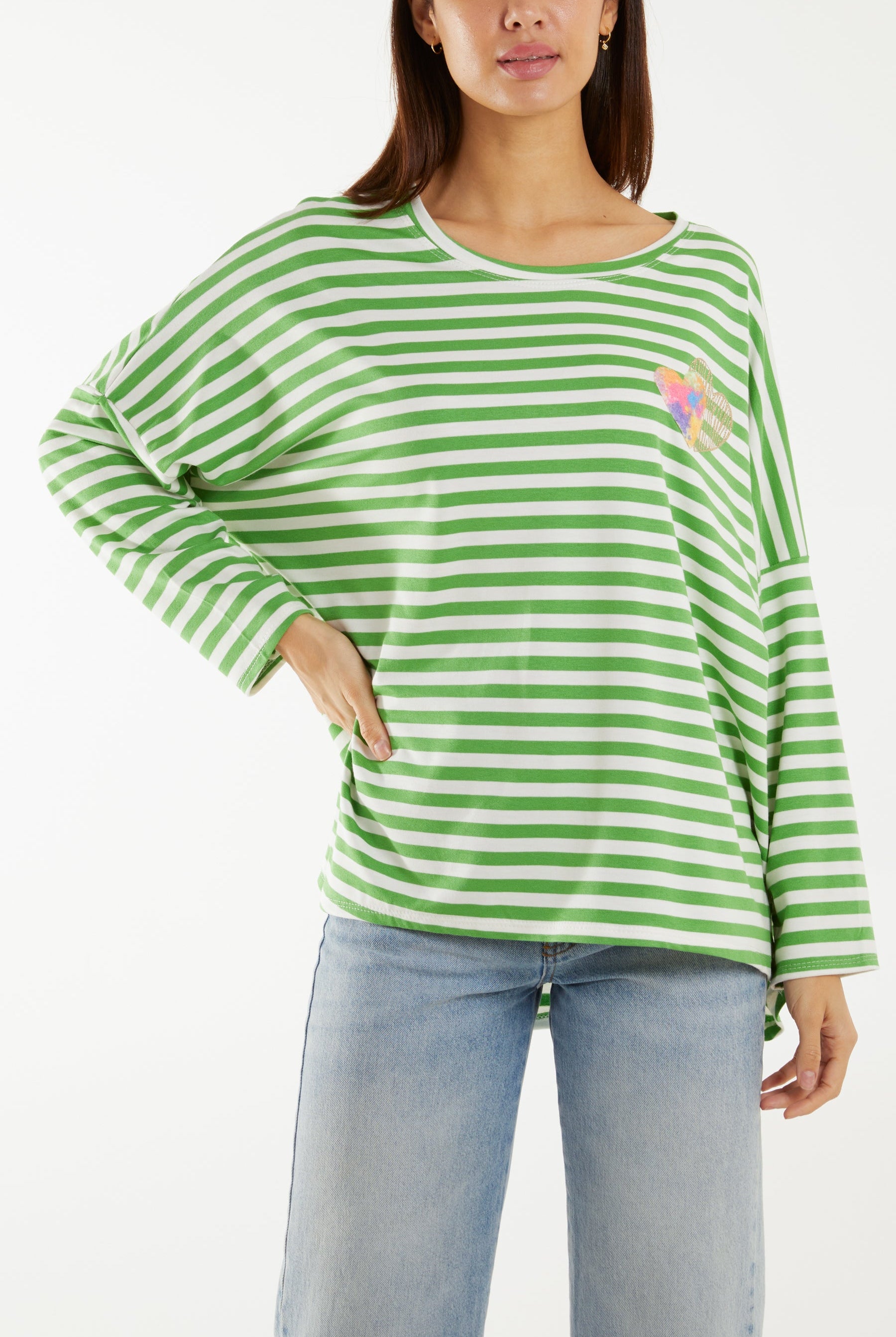 Heart Detail Long Sleeve Stripe Top T-shirts WearAll Apple Green One Size