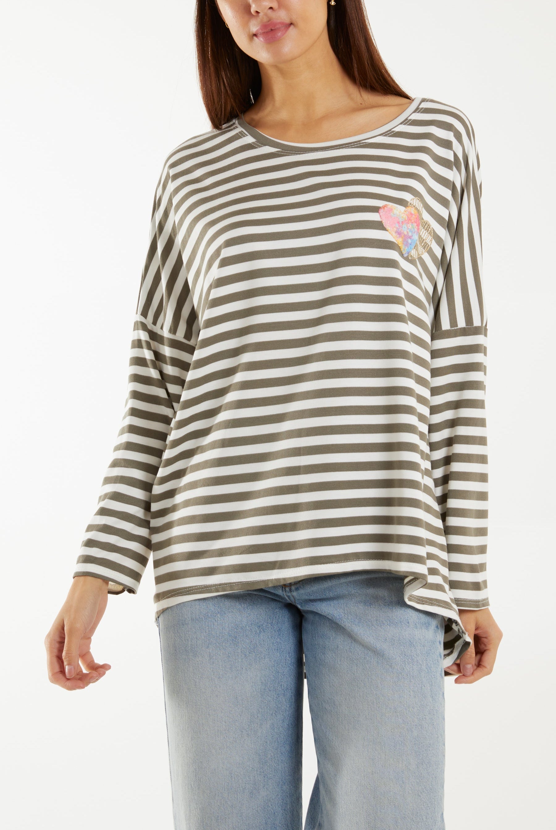 Heart Detail Long Sleeve Stripe Top T-shirts WearAll Mocha One Size