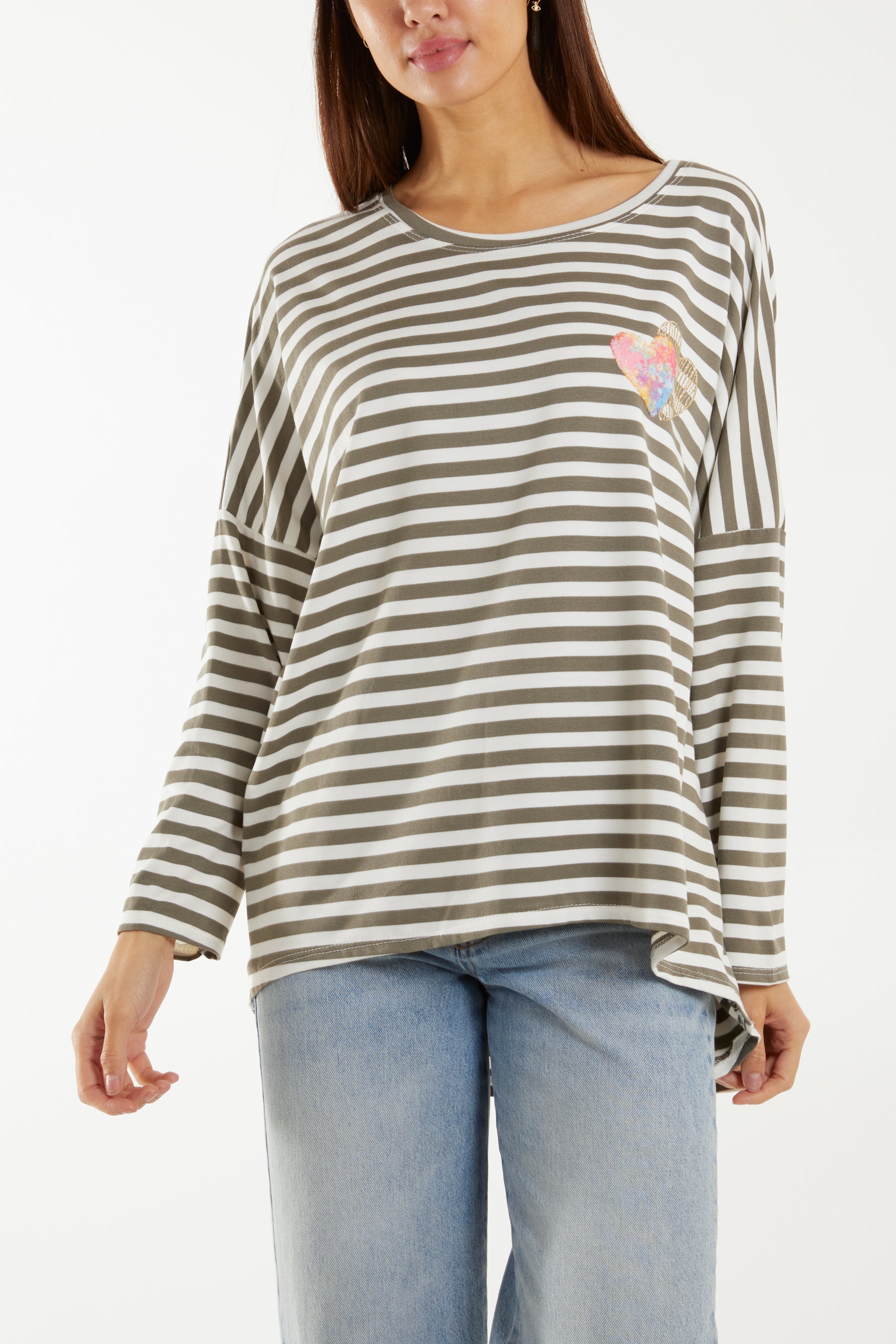 Heart Detail Long Sleeve Stripe Top T-shirts WearAll Mocha One Size