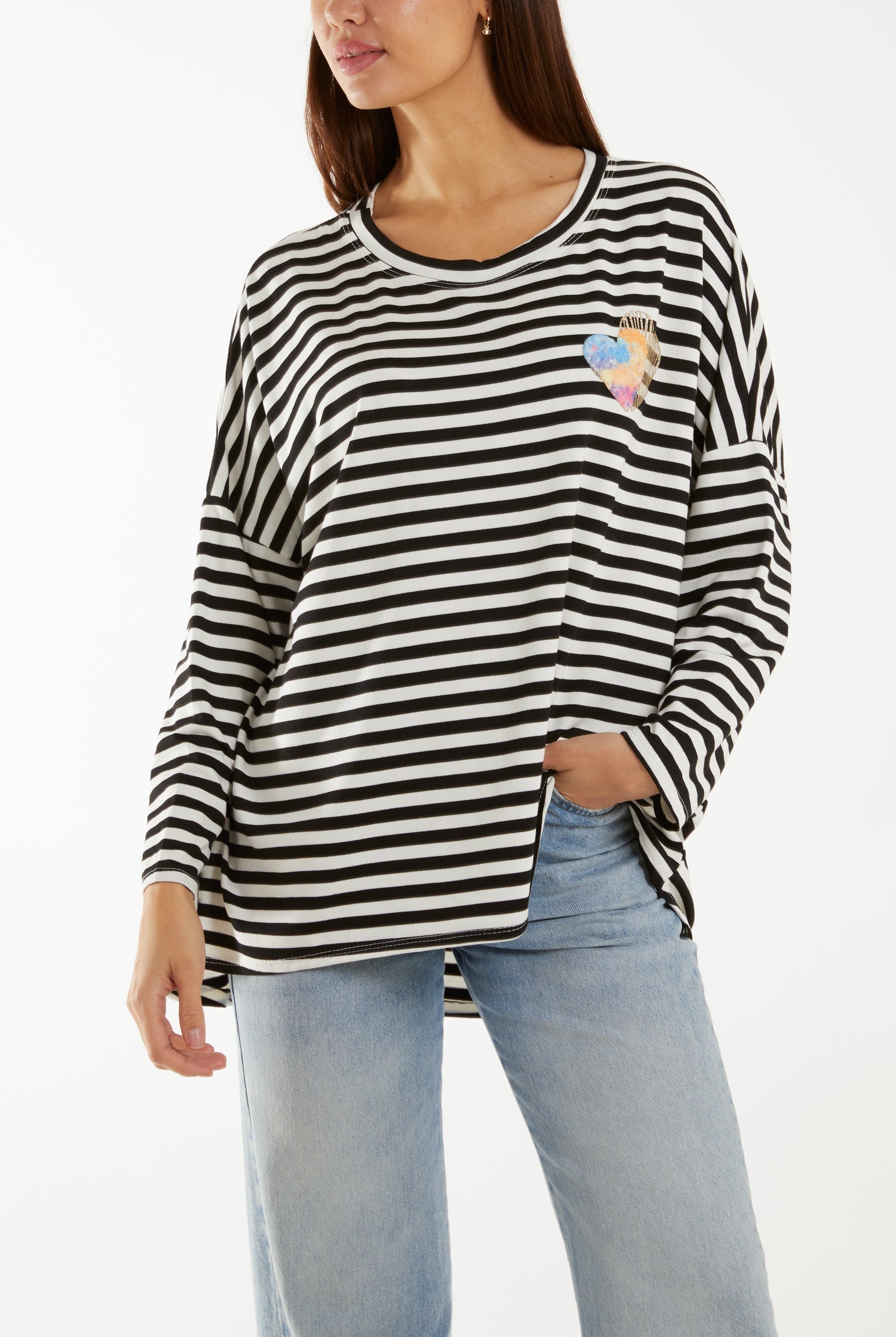 Heart Detail Long Sleeve Stripe Top T-shirts WearAll Black One Size