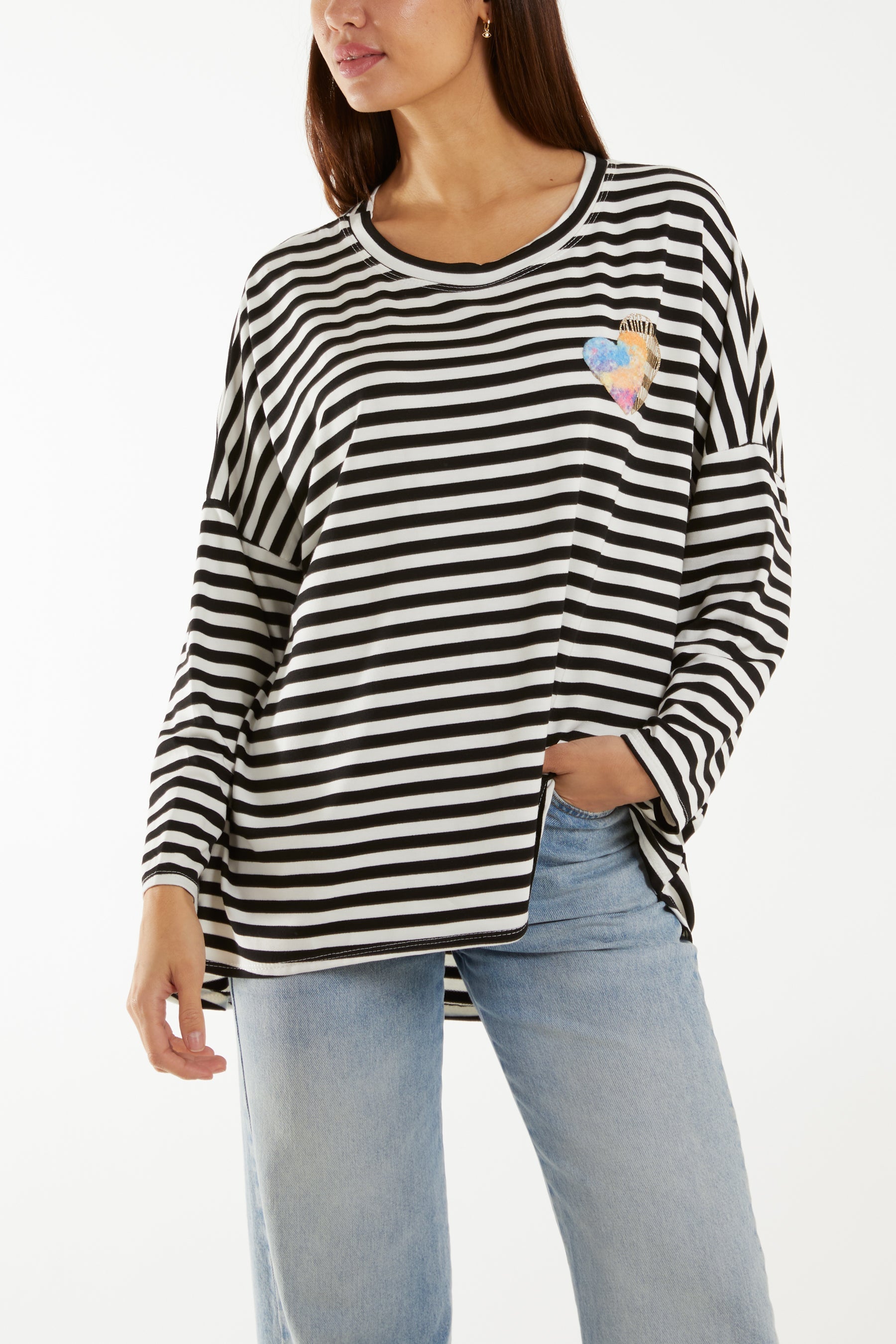Heart Detail Long Sleeve Stripe Top T-shirts WearAll Black One Size
