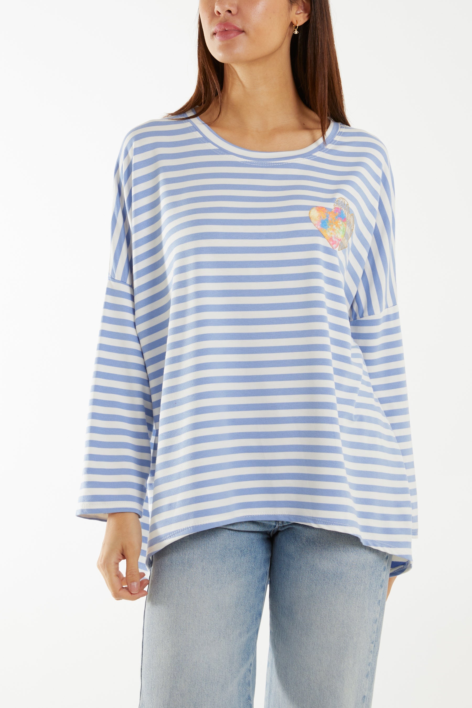 Heart Detail Long Sleeve Stripe Top T-shirts WearAll Light Blue One Size