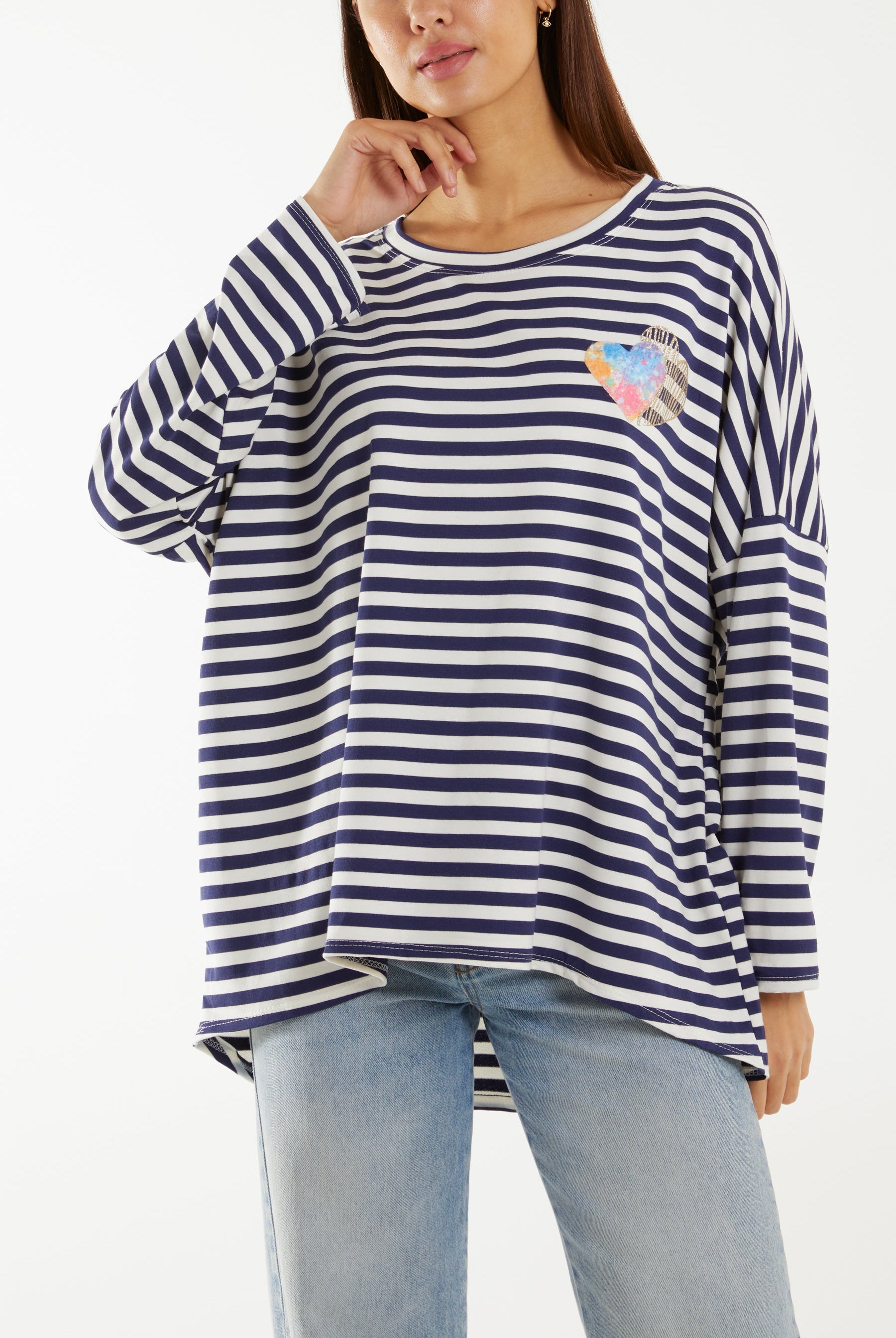 Heart Detail Long Sleeve Stripe Top T-shirts WearAll Navy One Size