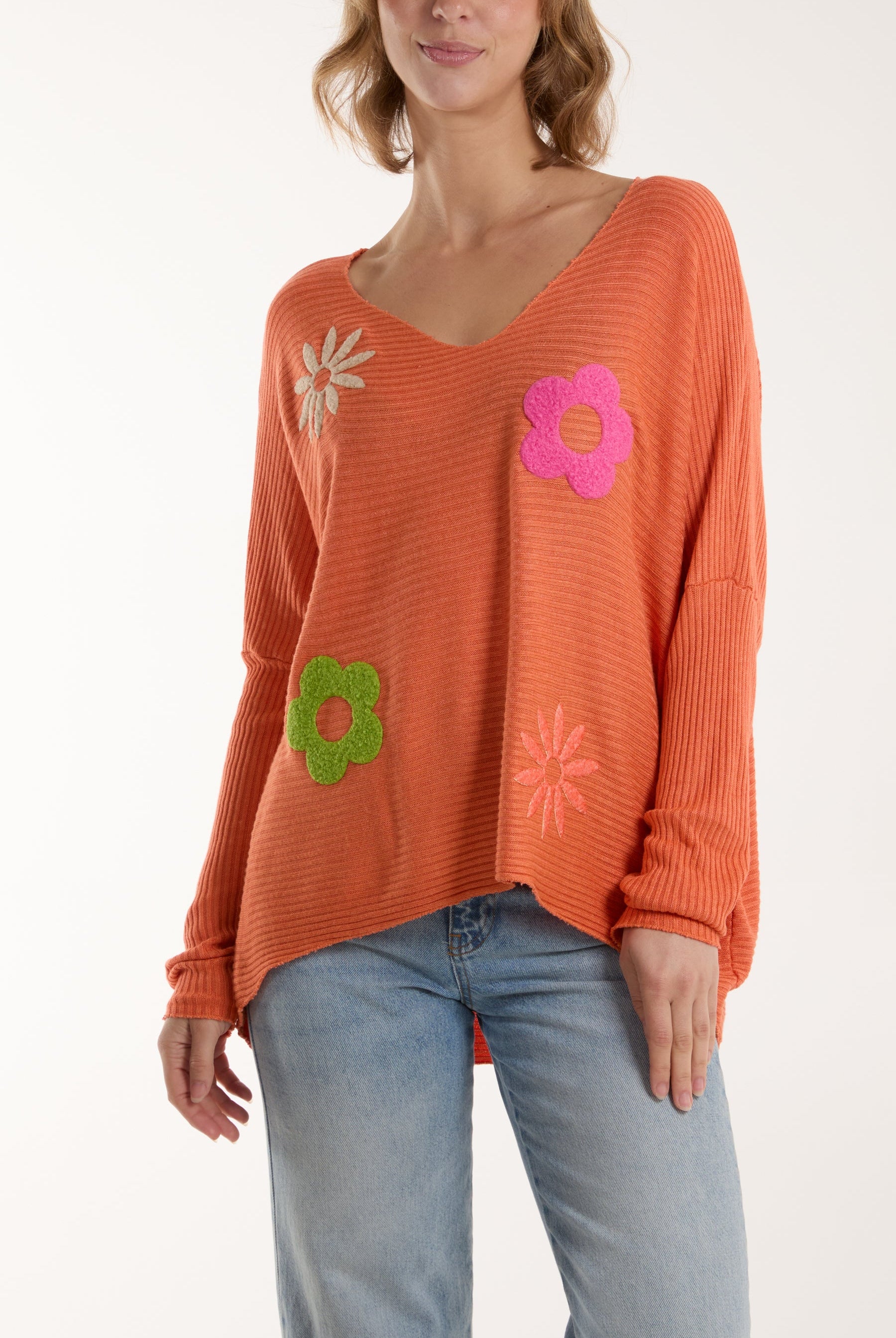 Wool Blend Floral Ribbed Knit Jumper Jumpers WearAll Orange One Size
