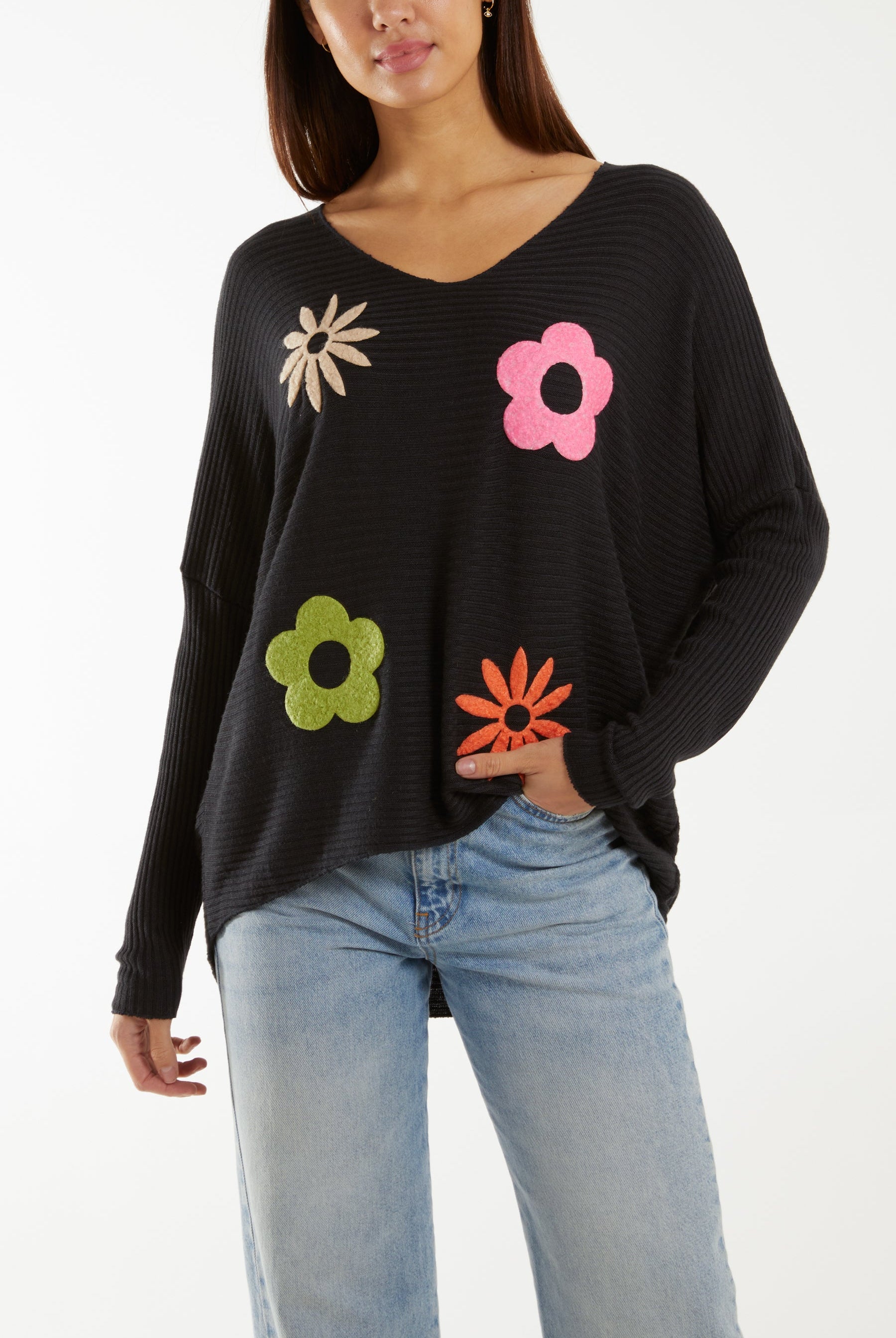 Wool Blend Floral Ribbed Knit Jumper Jumpers WearAll Black One Size