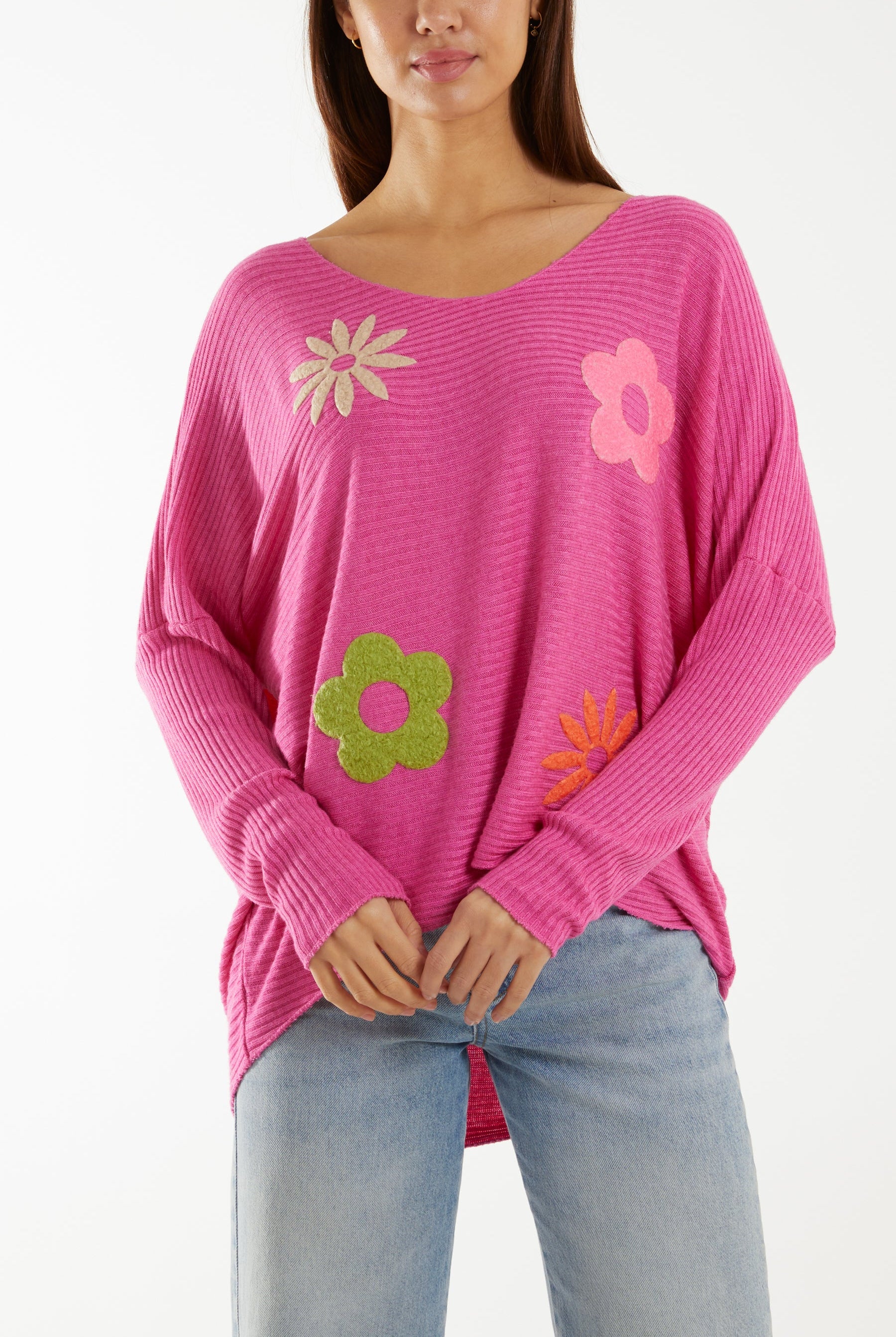 Wool Blend Floral Ribbed Knit Jumper Jumpers WearAll Hot Pink One Size