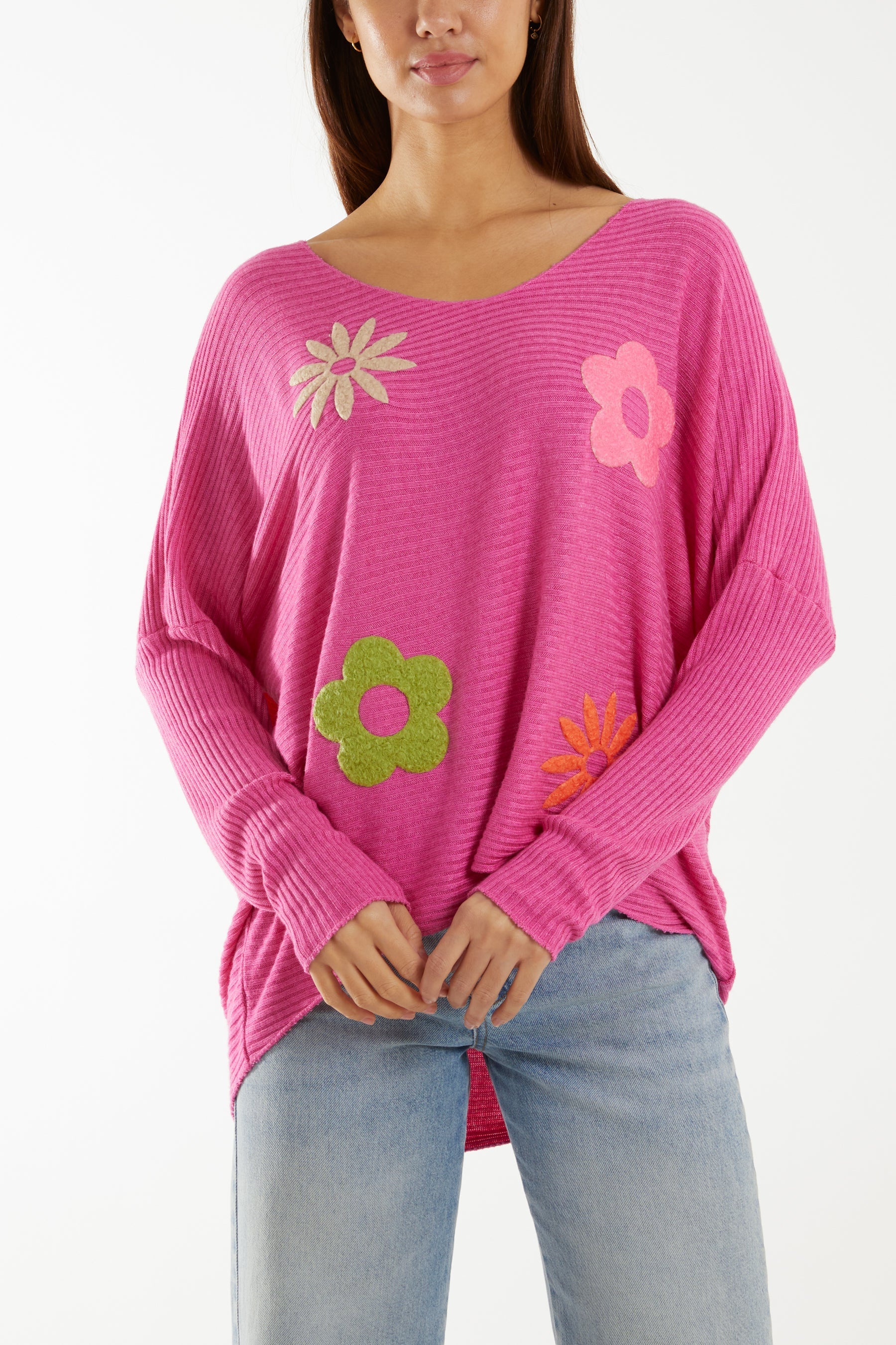 Wool Blend Floral Ribbed Knit Jumper Jumpers WearAll Hot Pink One Size