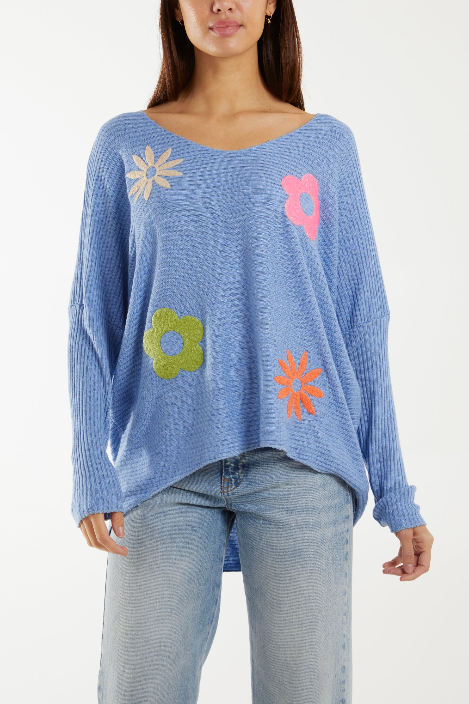 Wool Blend Floral Ribbed Knit Jumper Jumpers WearAll Denim One Size