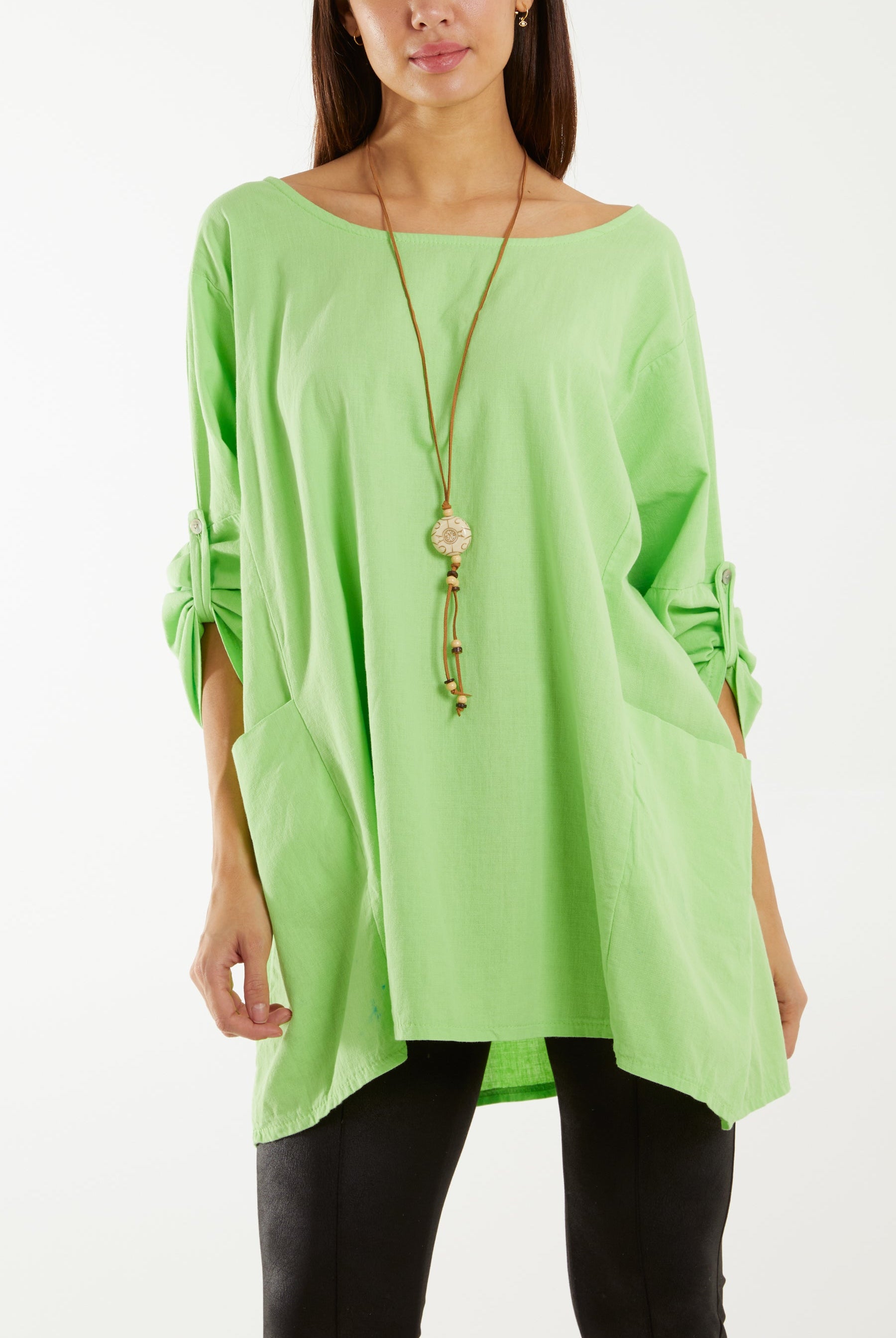 Necklace Relaxed Fit Blouse with Pockets Tops WearAll Lime One Size