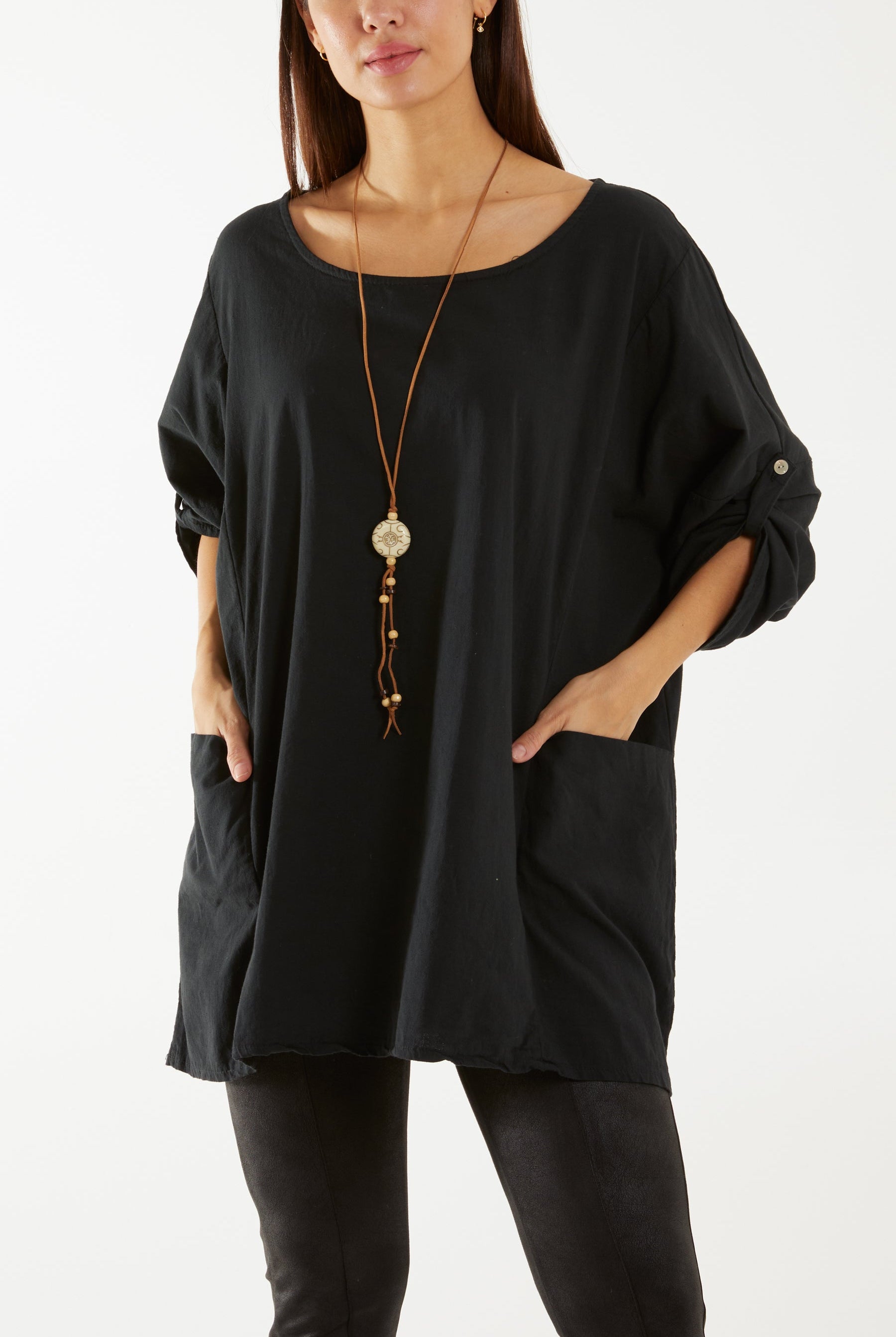 Necklace Relaxed Fit Blouse with Pockets Tops WearAll Black One Size