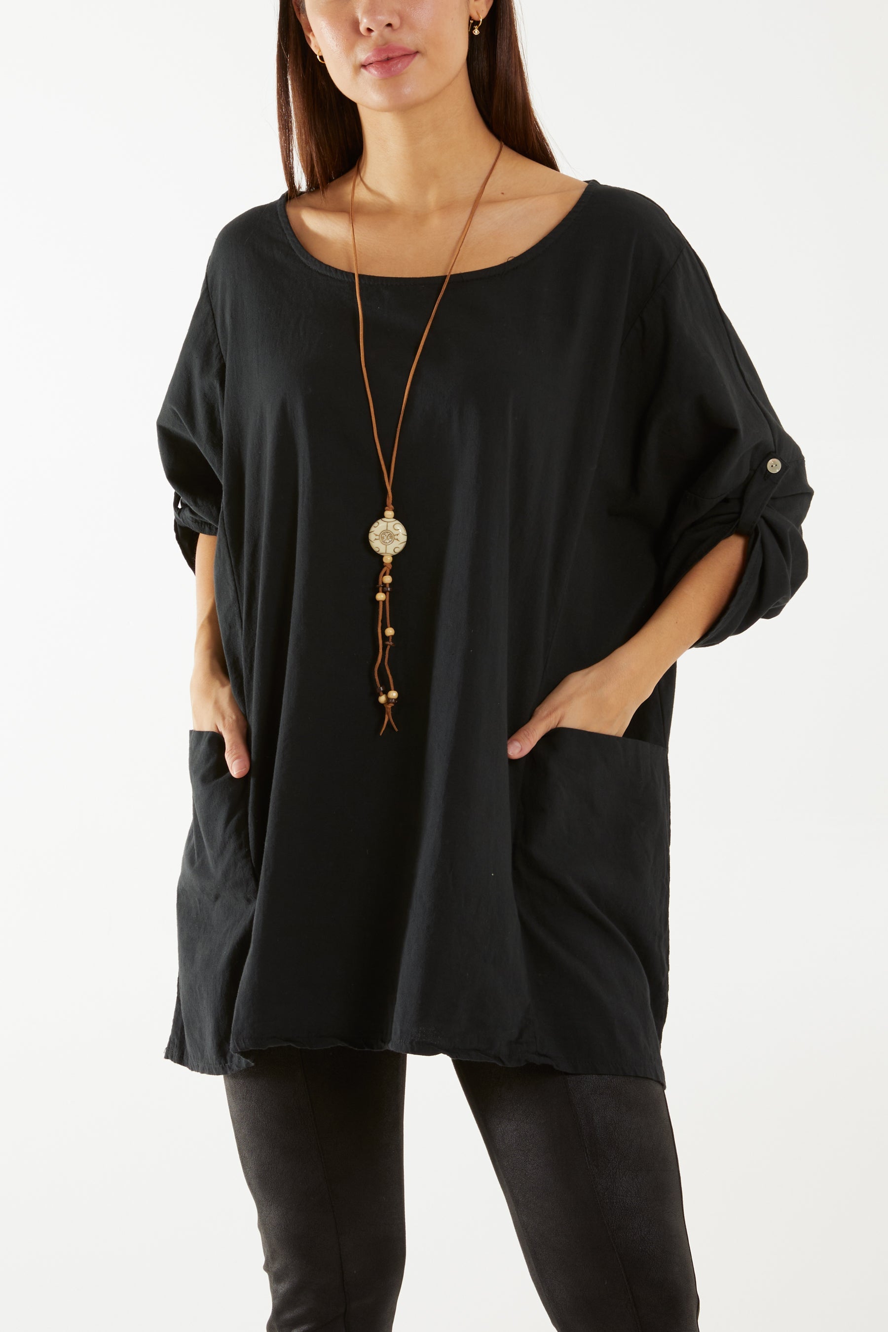 Necklace Relaxed Fit Blouse with Pockets Tops WearAll Black One Size