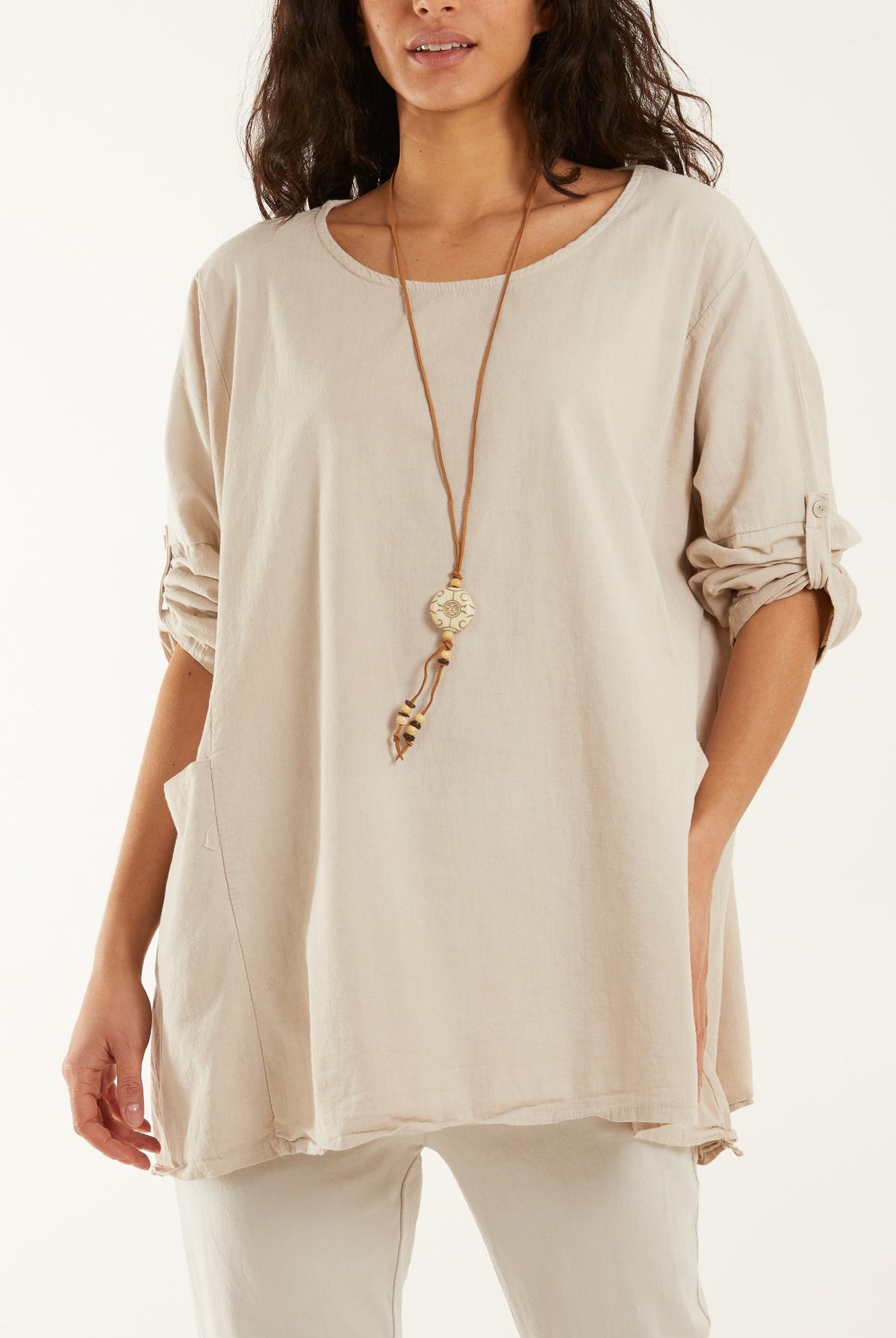 Necklace Relaxed Fit Blouse with Pockets Tops WearAll Beige One Size