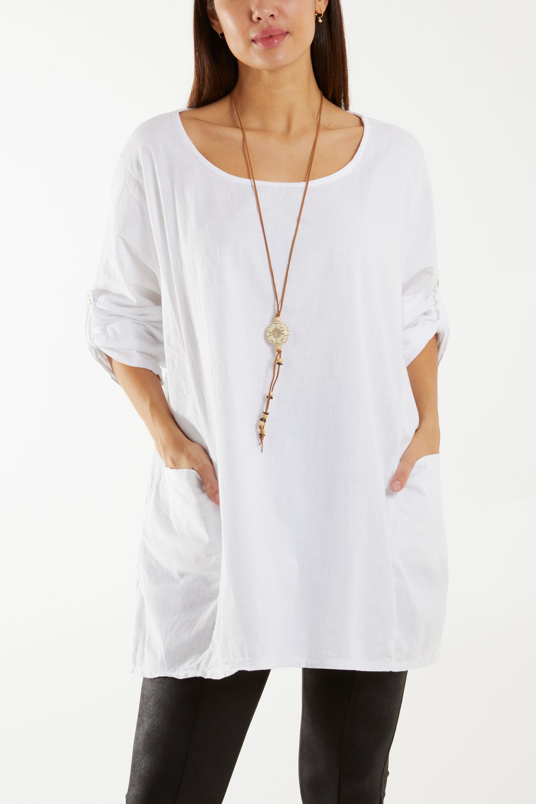 Necklace Relaxed Fit Blouse with Pockets Tops WearAll White One Size