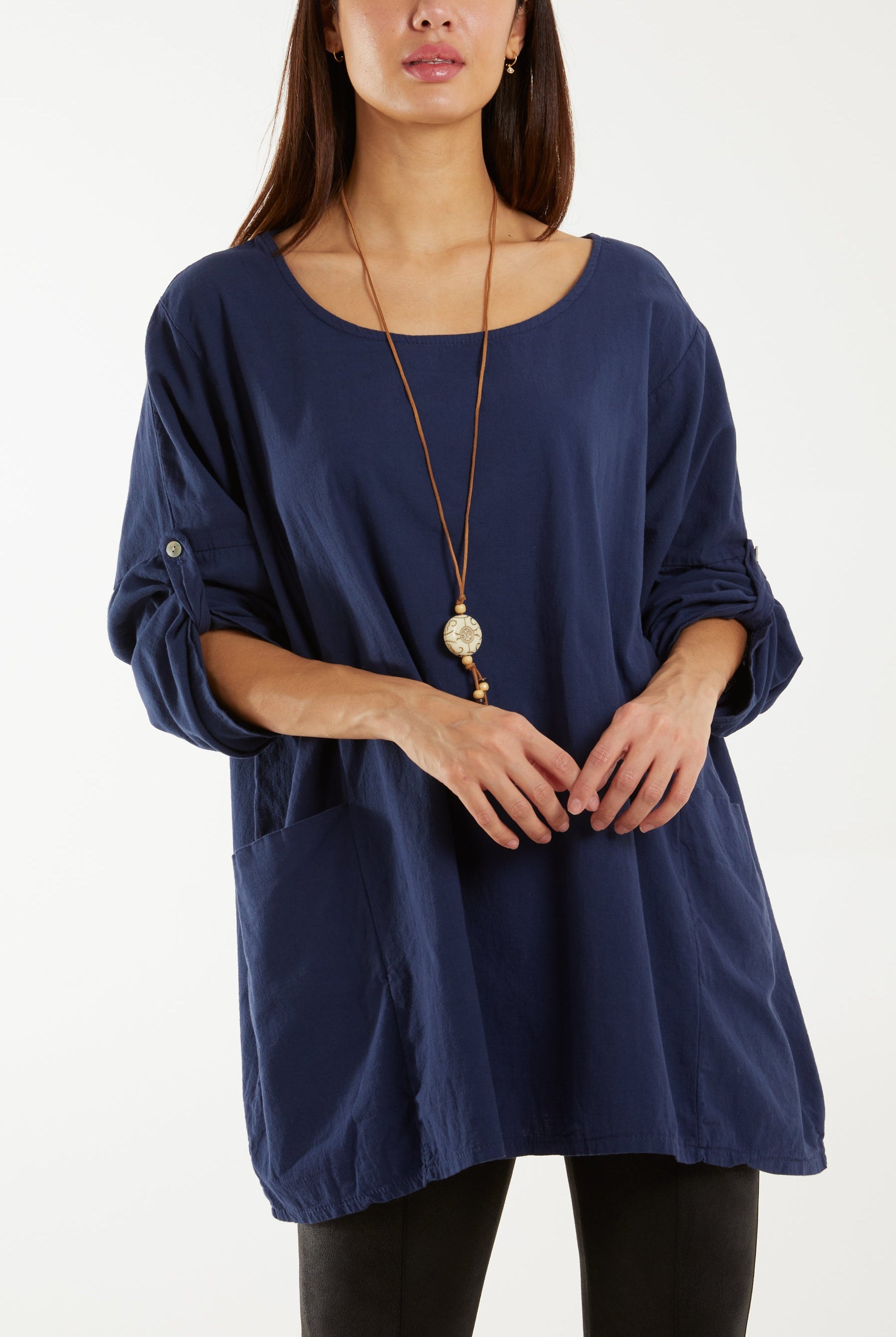 Necklace Relaxed Fit Blouse with Pockets Tops WearAll Navy One Size