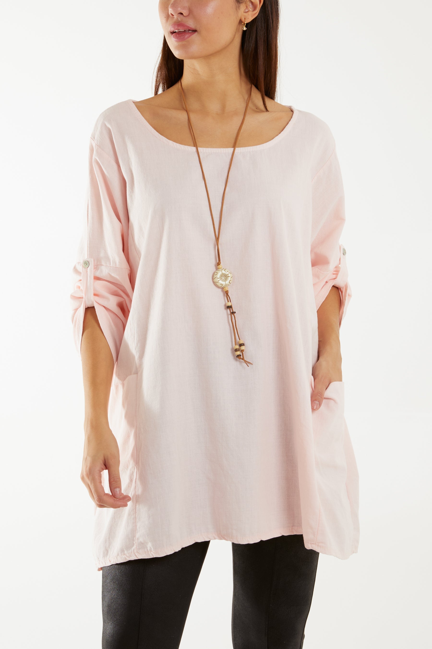 Necklace Relaxed Fit Blouse with Pockets Tops WearAll Blush One Size