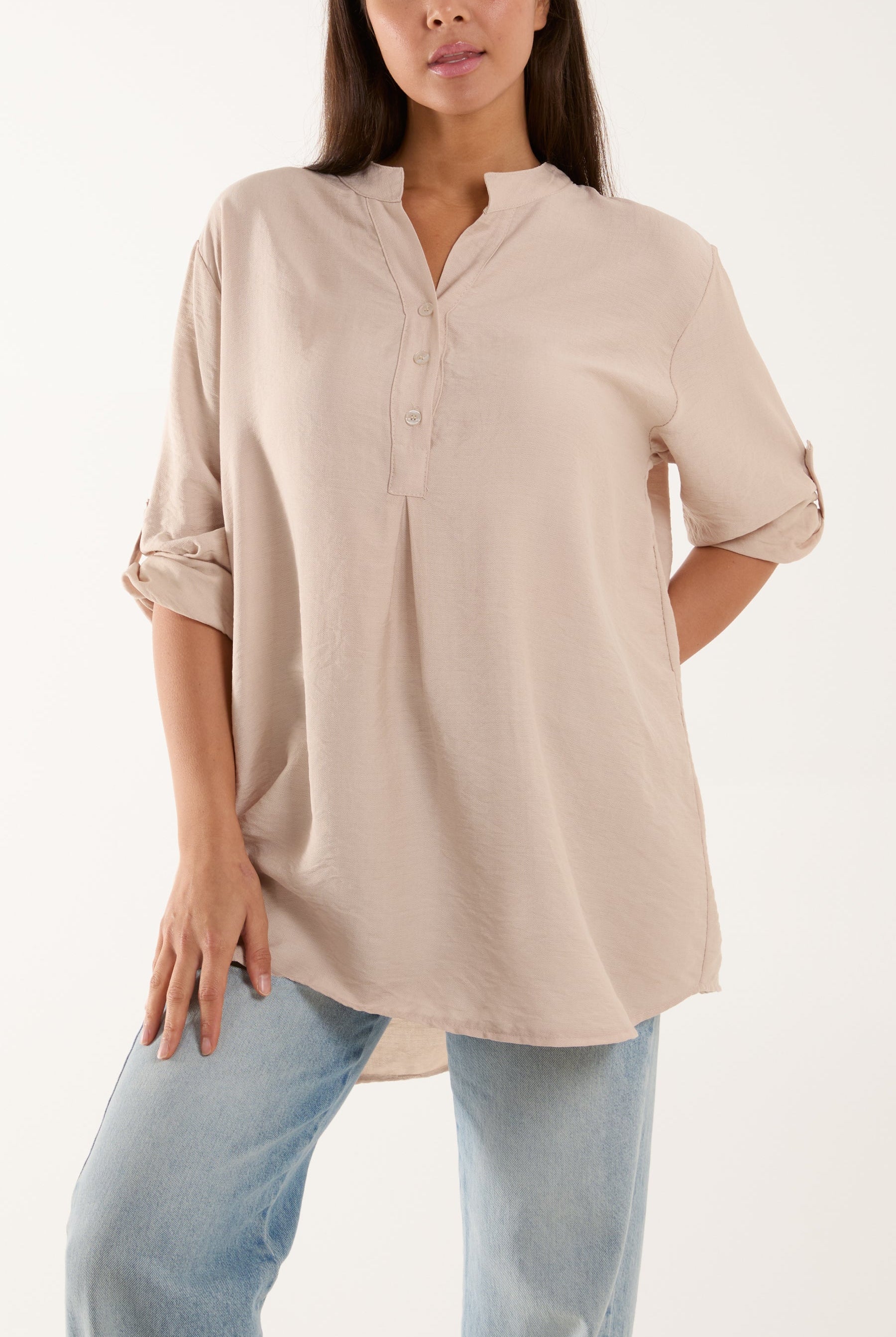 Grandad Collar Tied Up Sleeve Blouse Blouses WearAll Stone One Size