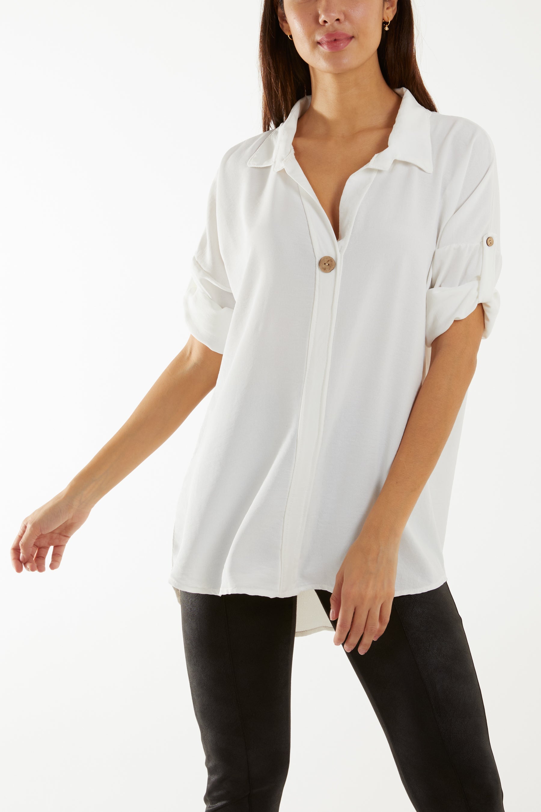 Open Collar Wooden Button Blouse Blouses WearAll White One Size