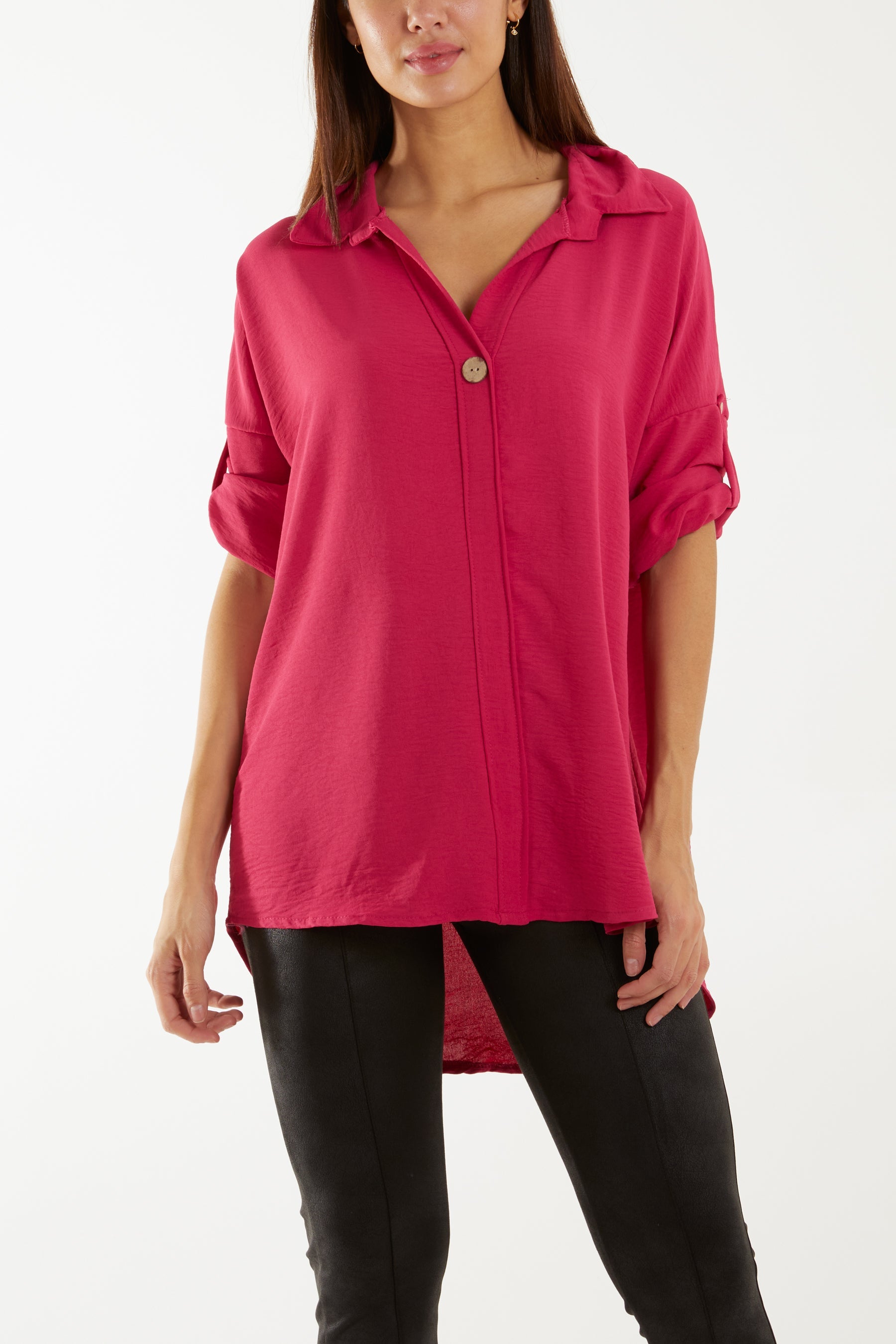Open Collar Wooden Button Blouse Blouses WearAll Fuchsia One Size