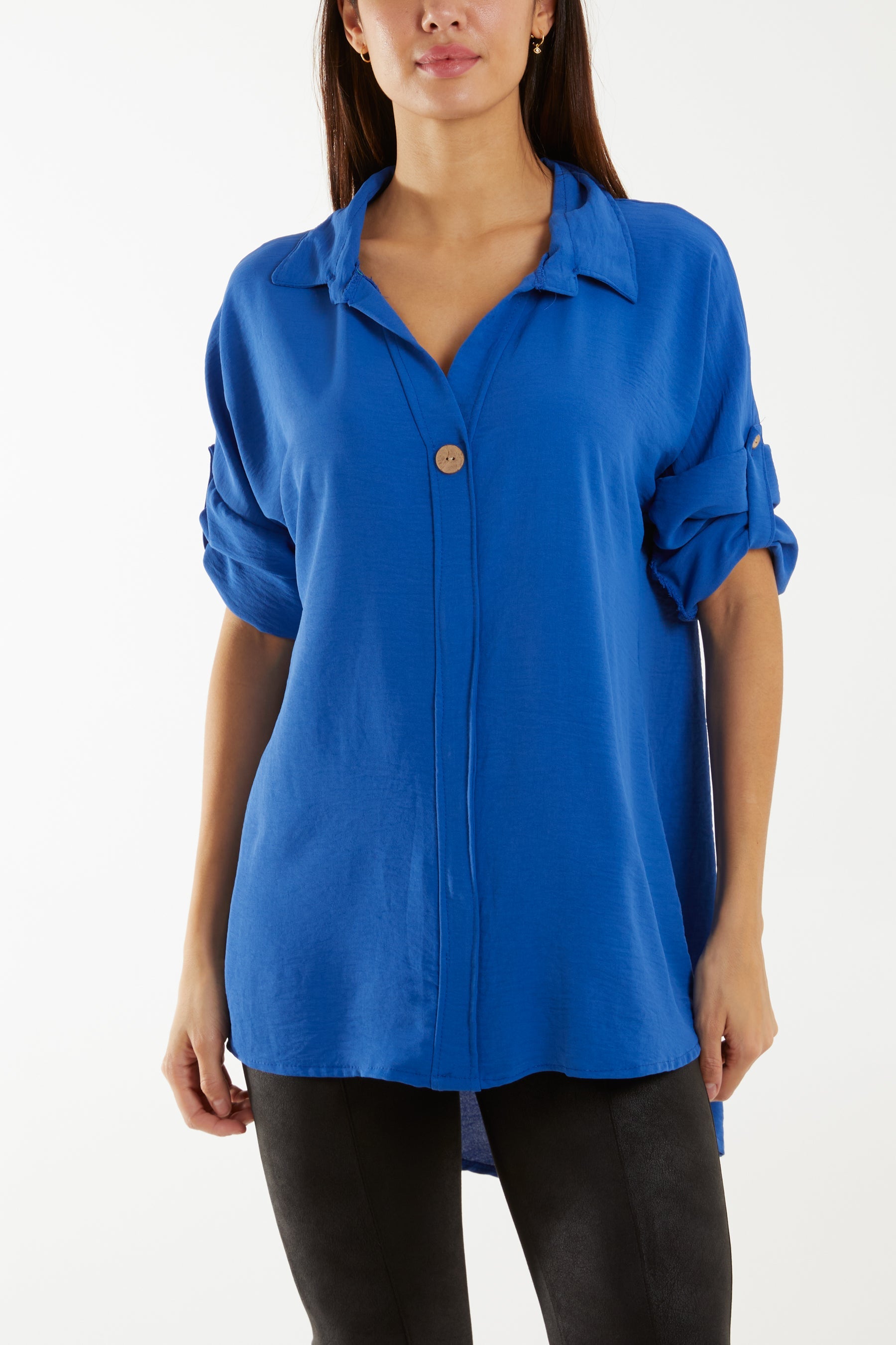 Open Collar Wooden Button Blouse Blouses WearAll Royal Blue One Size