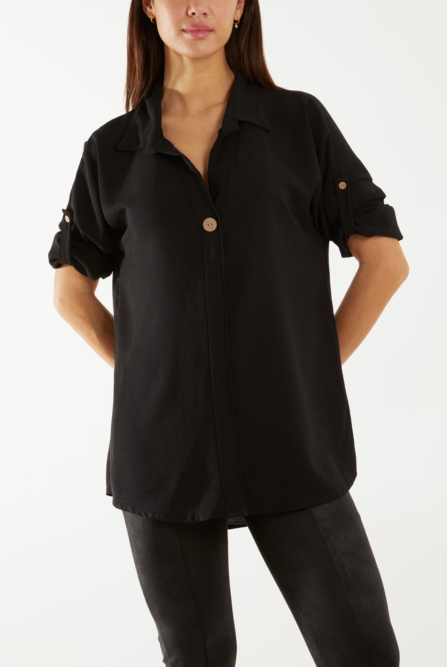 Open Collar Wooden Button Blouse Blouses WearAll Black One Size