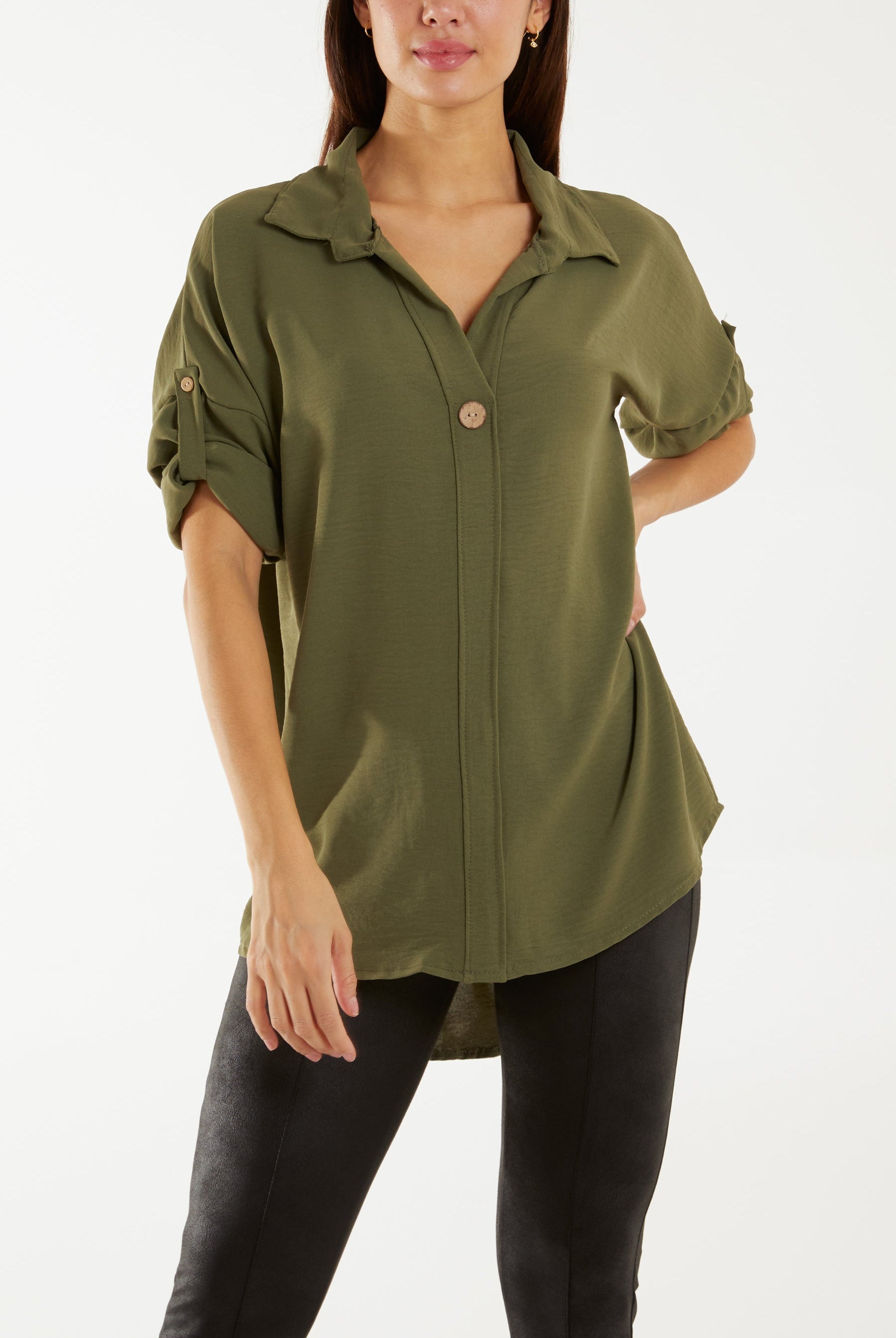Open Collar Wooden Button Blouse Blouses WearAll Khaki One Size