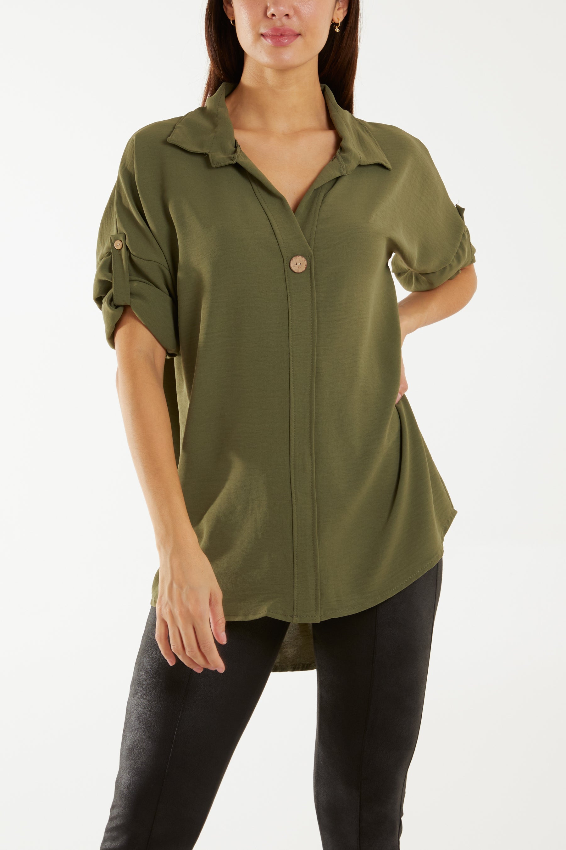 Open Collar Wooden Button Blouse Blouses WearAll Khaki One Size