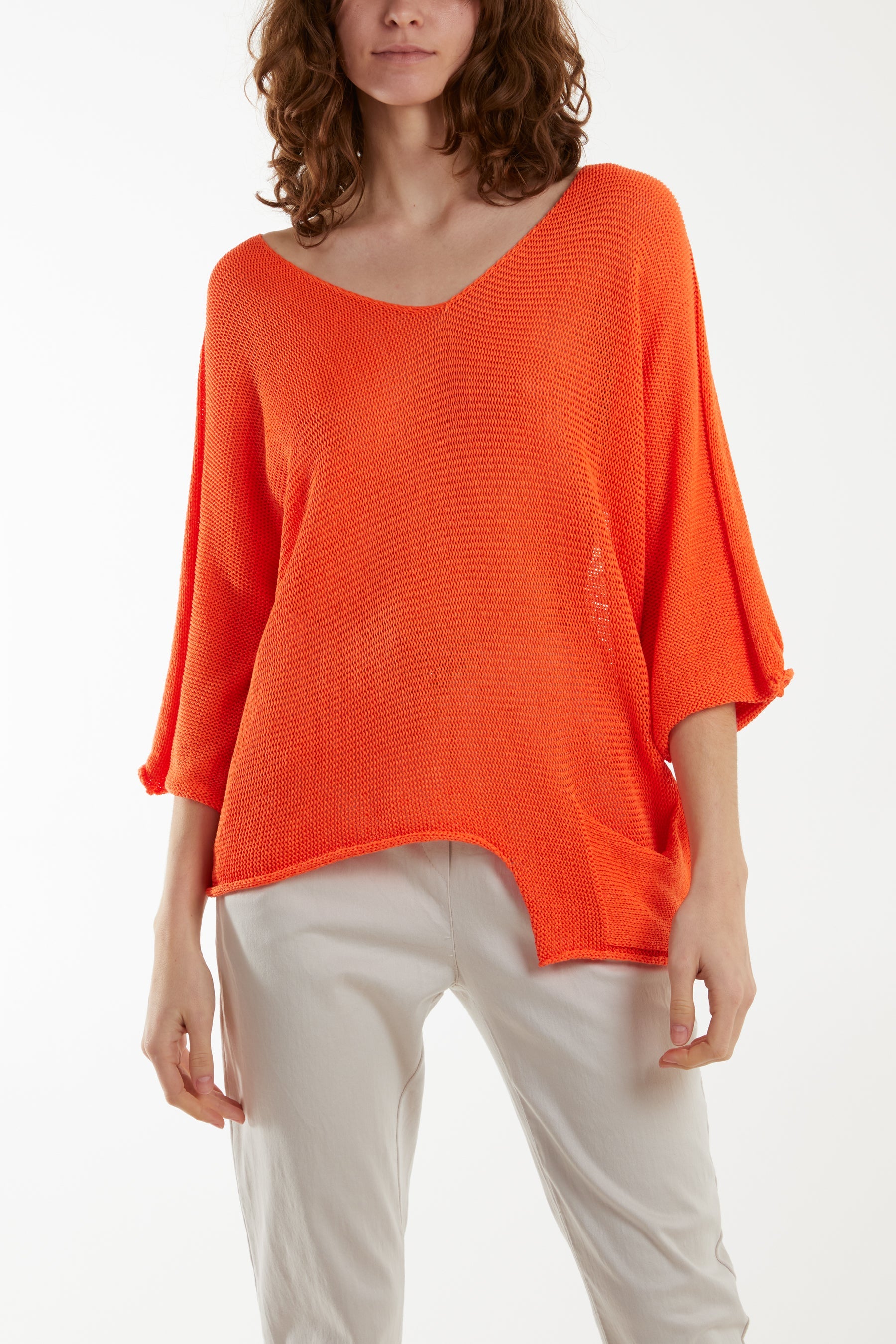 Cotton Crochet Asymmetric Hem Jumper Jumpers WearAll Orange One Size