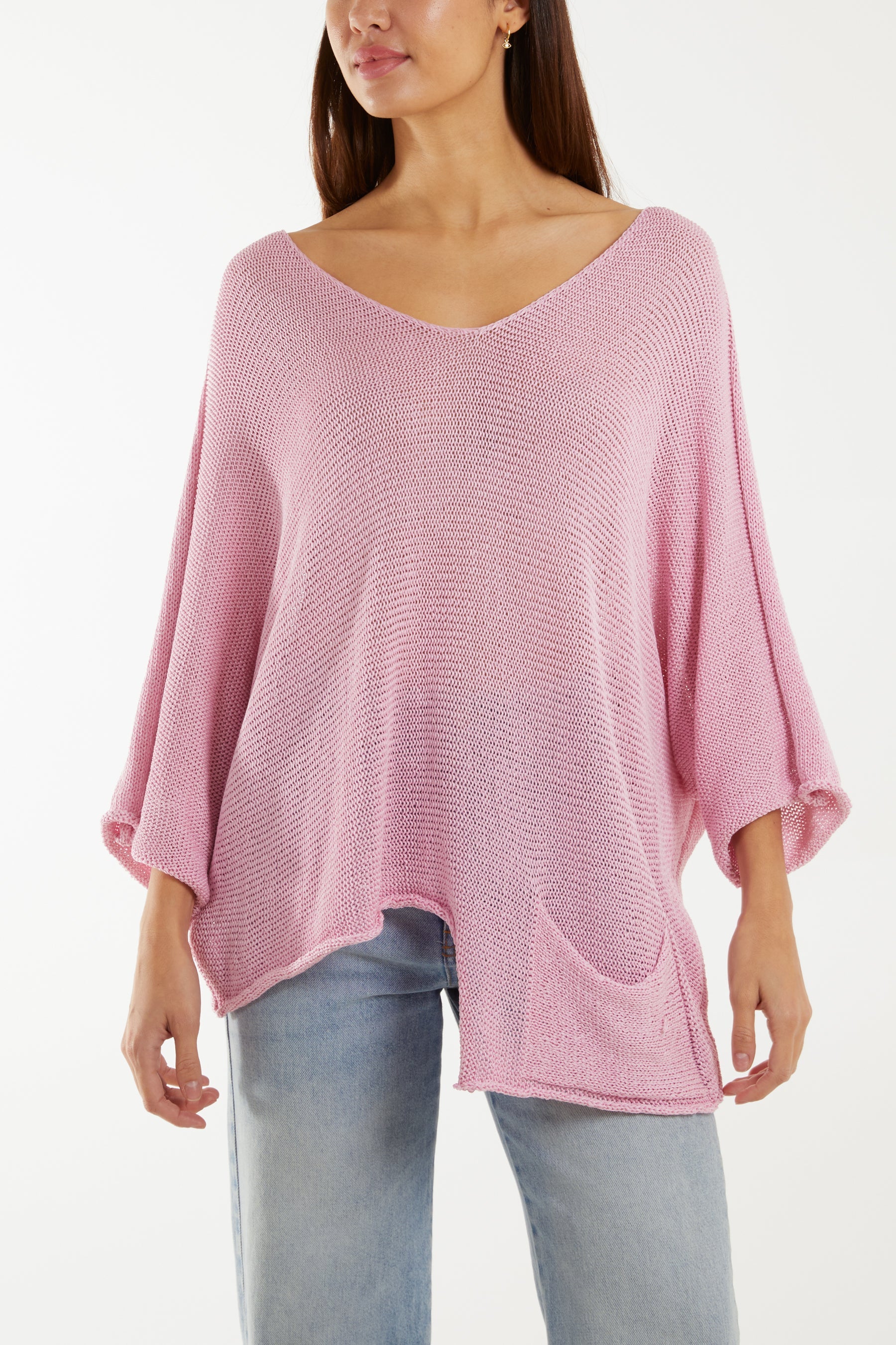 Cotton Crochet Asymmetric Hem Jumper Jumpers WearAll Pink One Size
