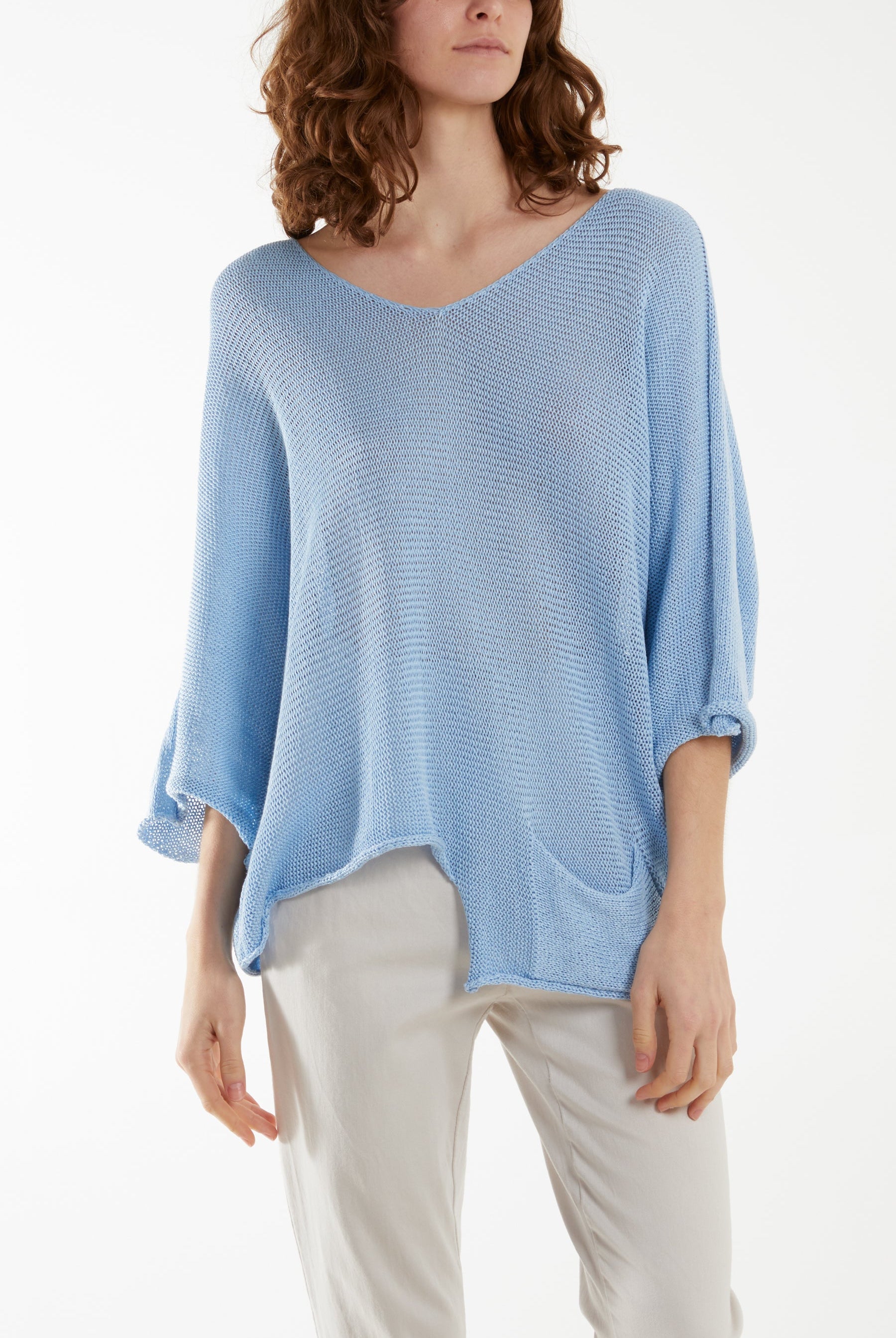 Cotton Crochet Asymmetric Hem Jumper Jumpers WearAll Light Blue One Size