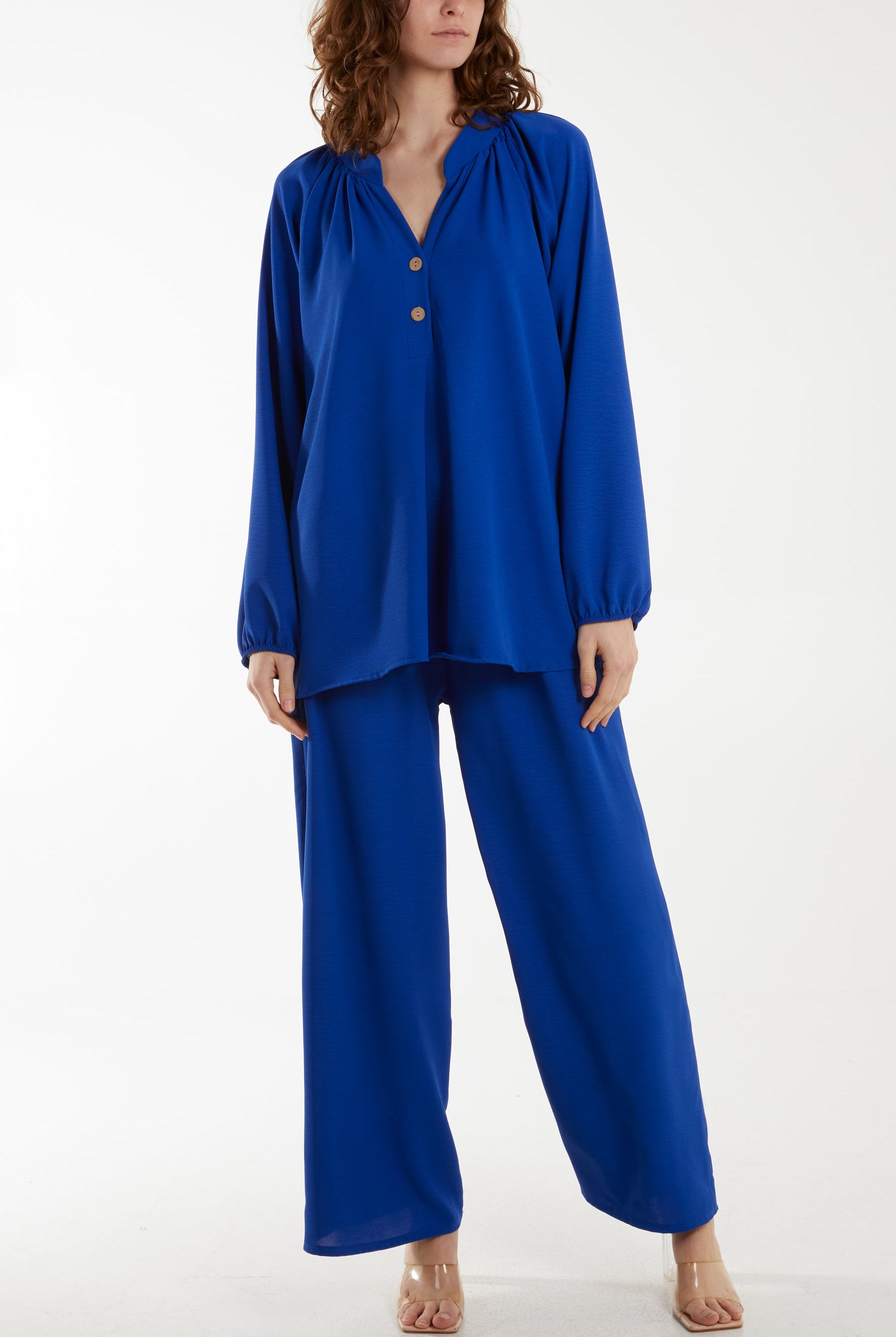 Grandad Blouse & Culotte Trouser Co-Ord Set Co-Ords WearAll Royal Blue One Size