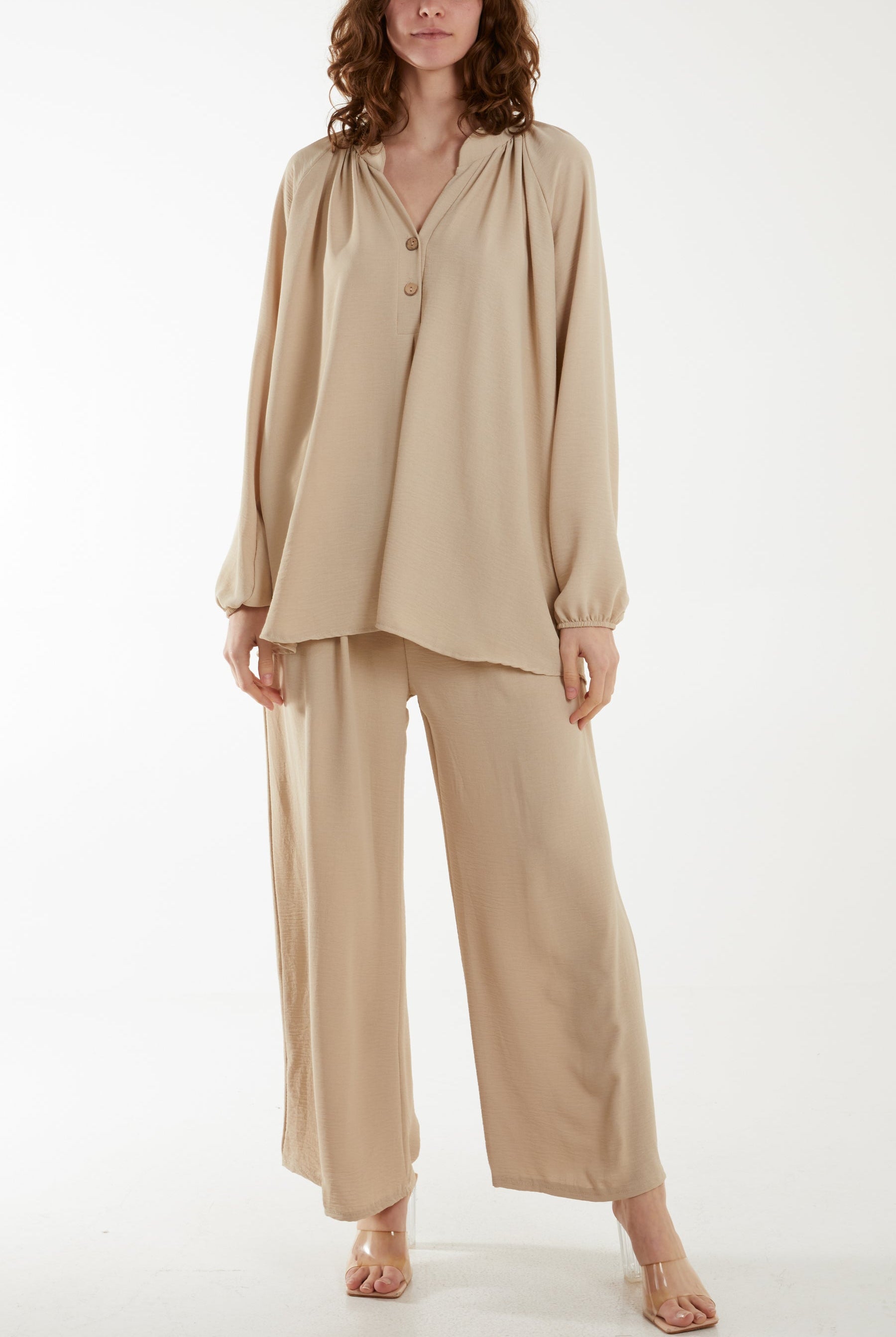 Grandad Blouse & Culotte Trouser Co-Ord Set Co-Ords WearAll Stone One Size