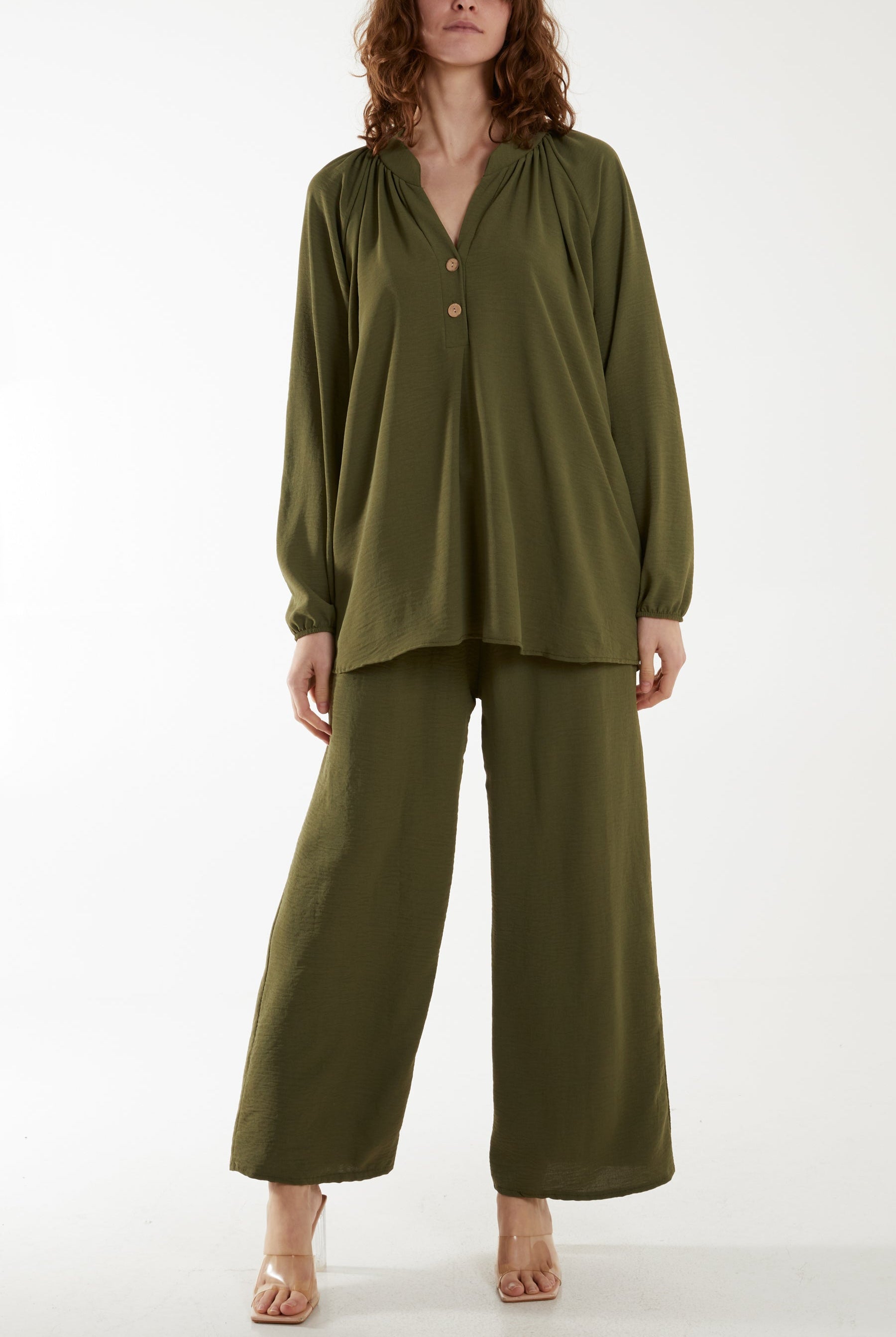 Grandad Blouse & Culotte Trouser Co-Ord Set Co-Ords WearAll Khaki One Size