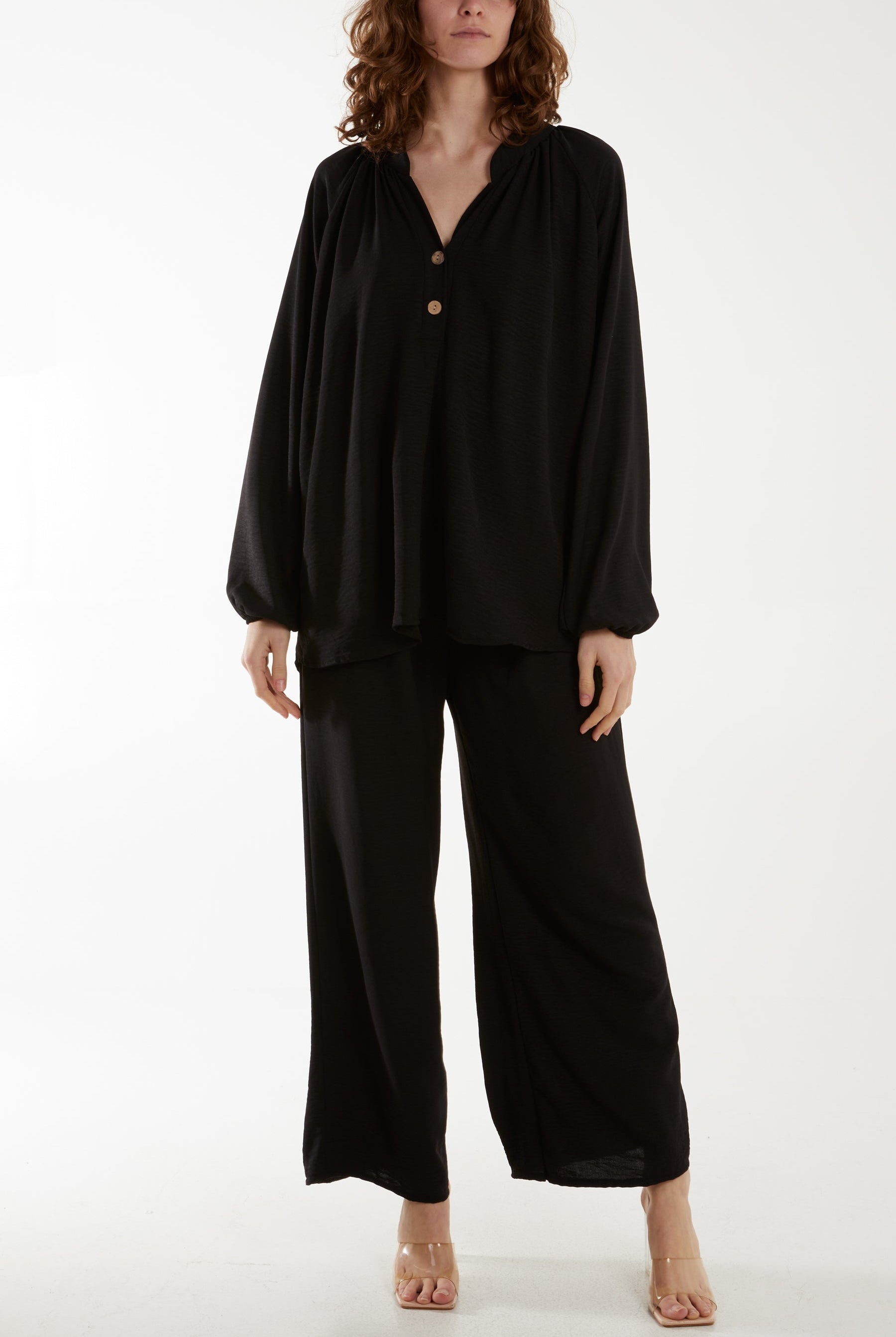 Grandad Blouse & Culotte Trouser Co-Ord Set Co-Ords WearAll Black One Size