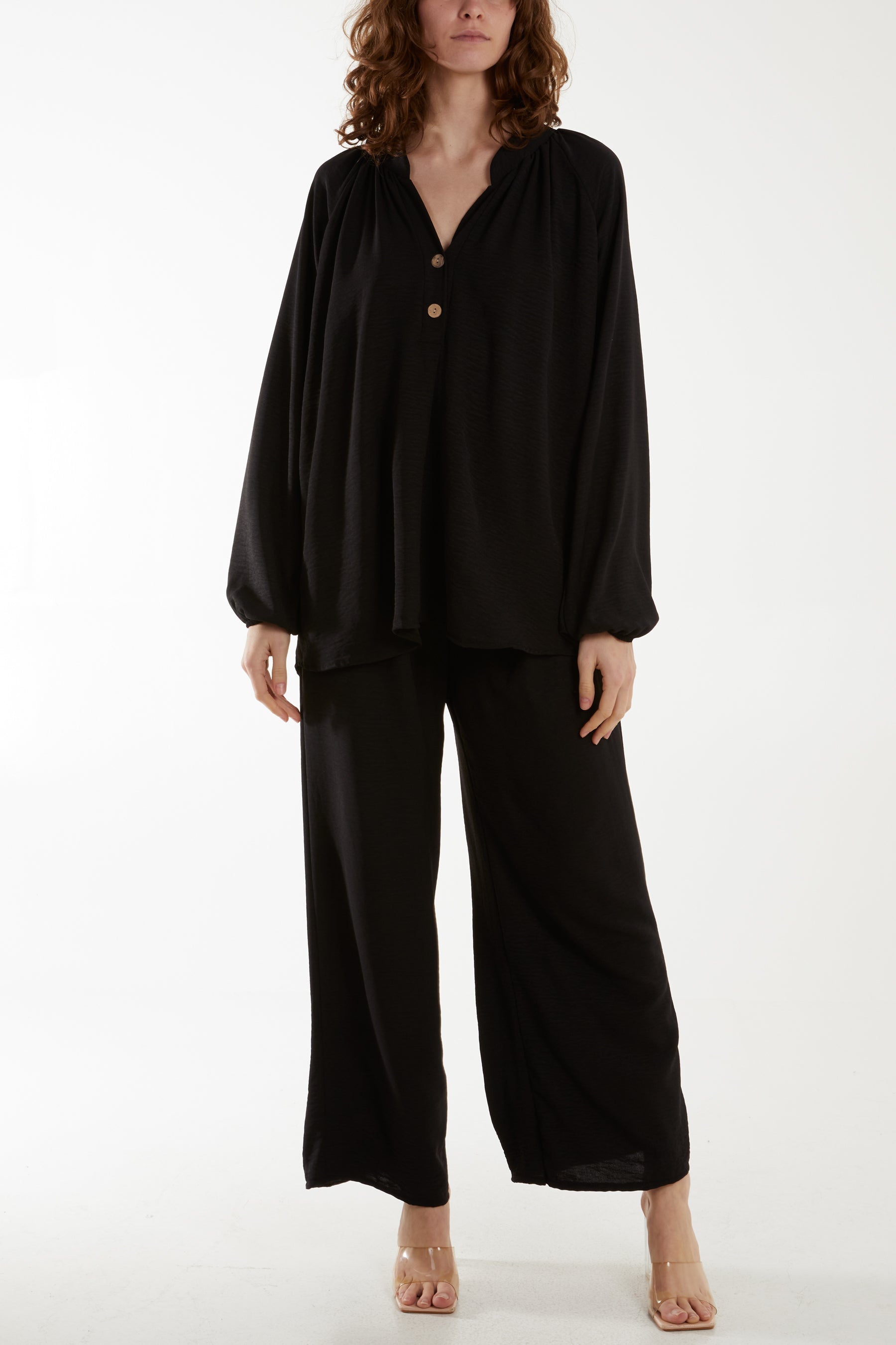 Grandad Blouse & Culotte Trouser Co-Ord Set Co-Ords WearAll Black One Size
