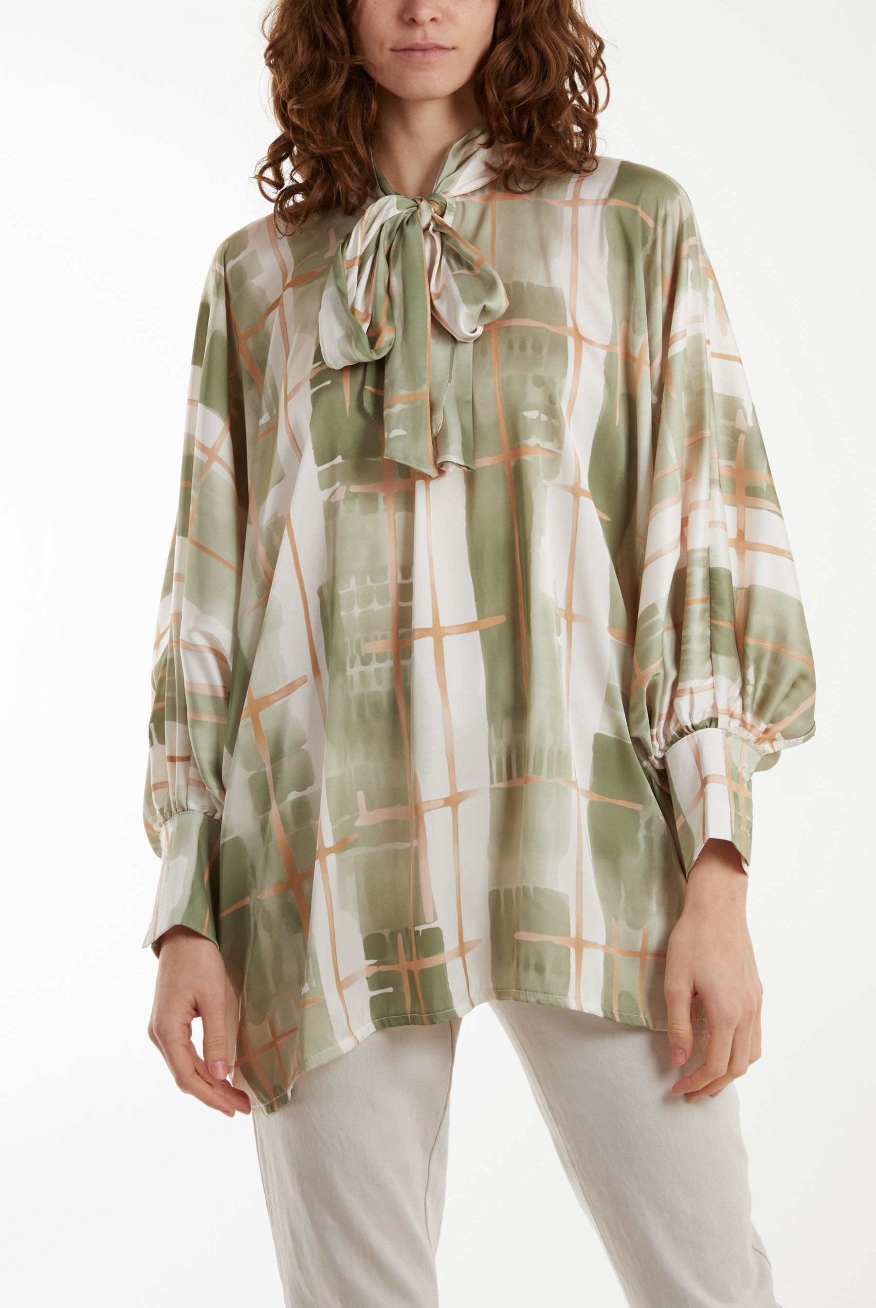 Geometric Pussybow Satin Blouse Shirts WearAll Khaki One Size