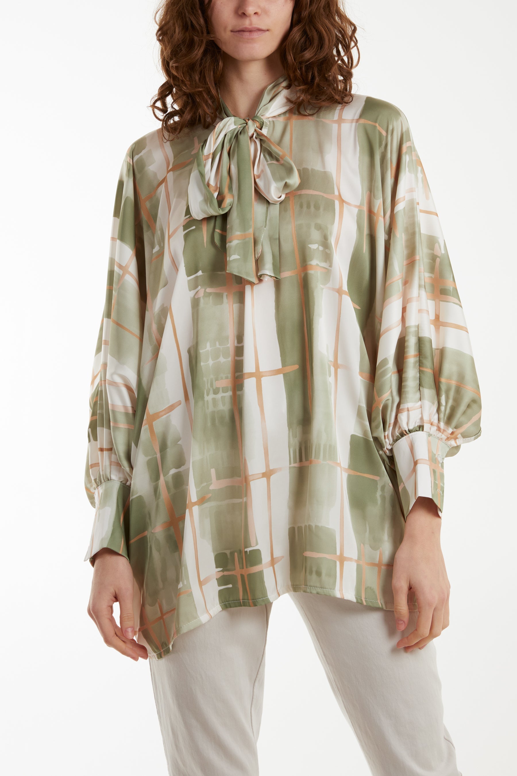 Geometric Pussybow Satin Blouse Shirts WearAll Khaki One Size