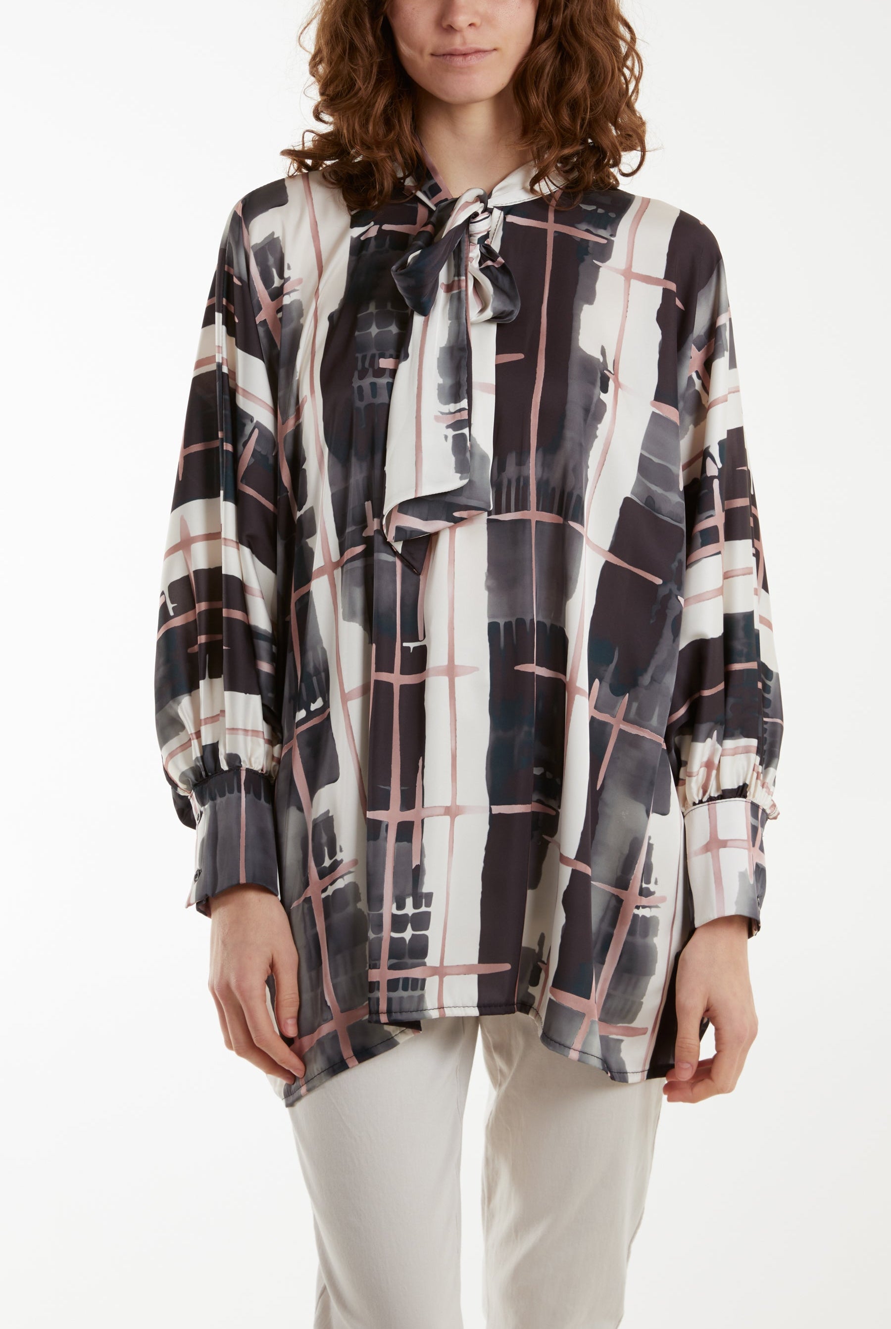 Geometric Pussybow Satin Blouse Shirts WearAll Black One Size