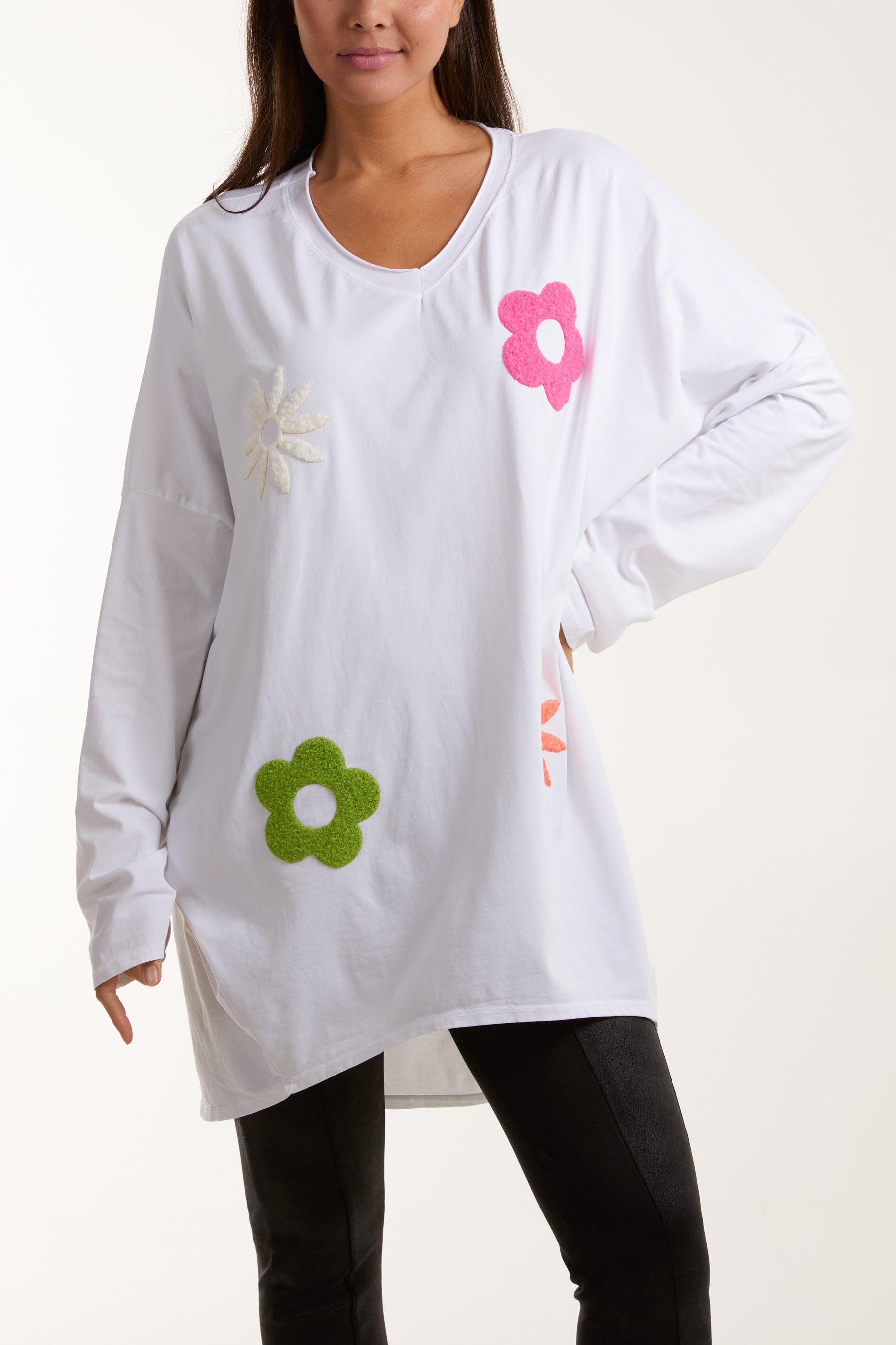 V-Neck Multicolour Flower Oversized Top Tops WearAll White One Size