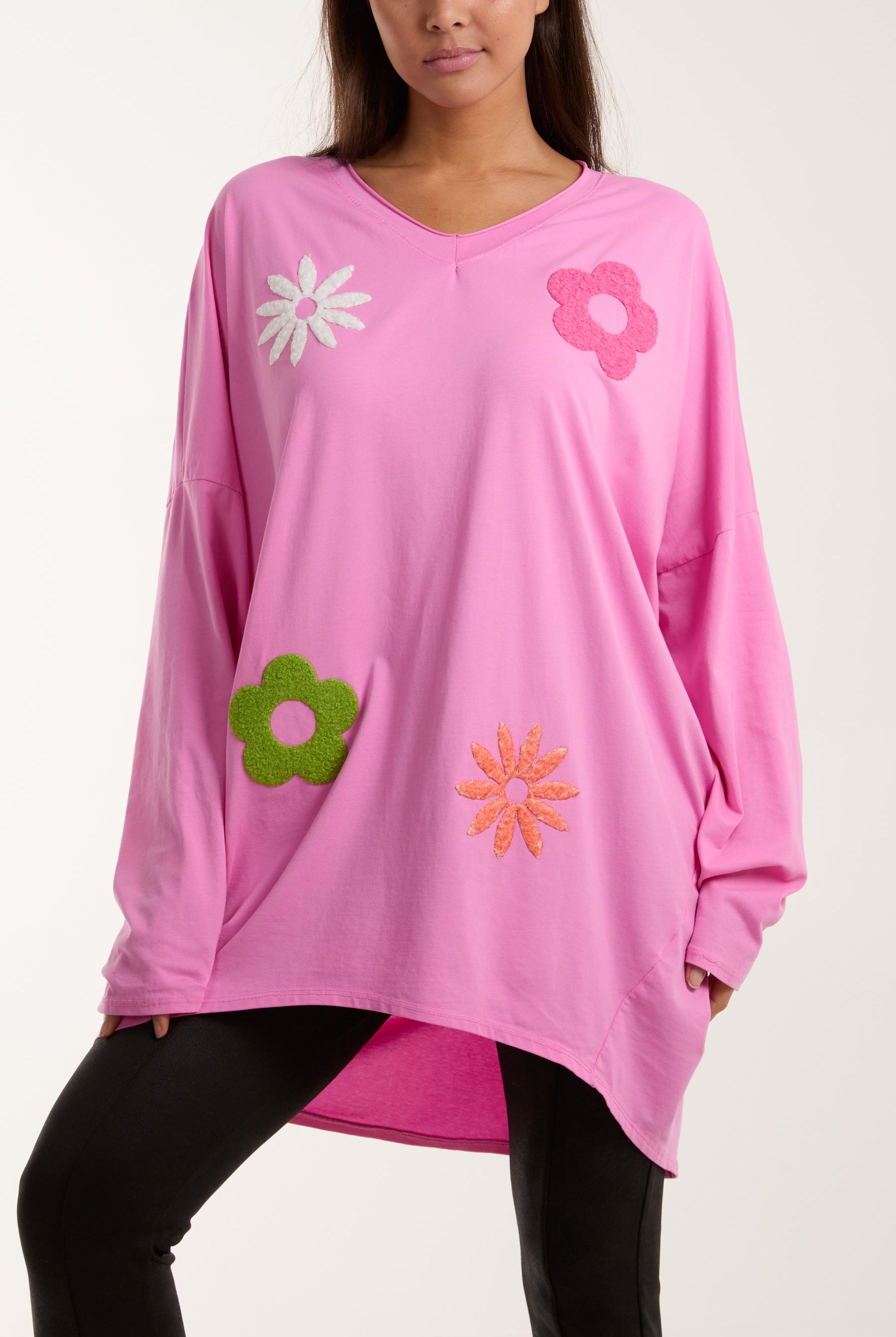 V-Neck Multicolour Flower Oversized Top Tops WearAll BubbleGum Pink One Size