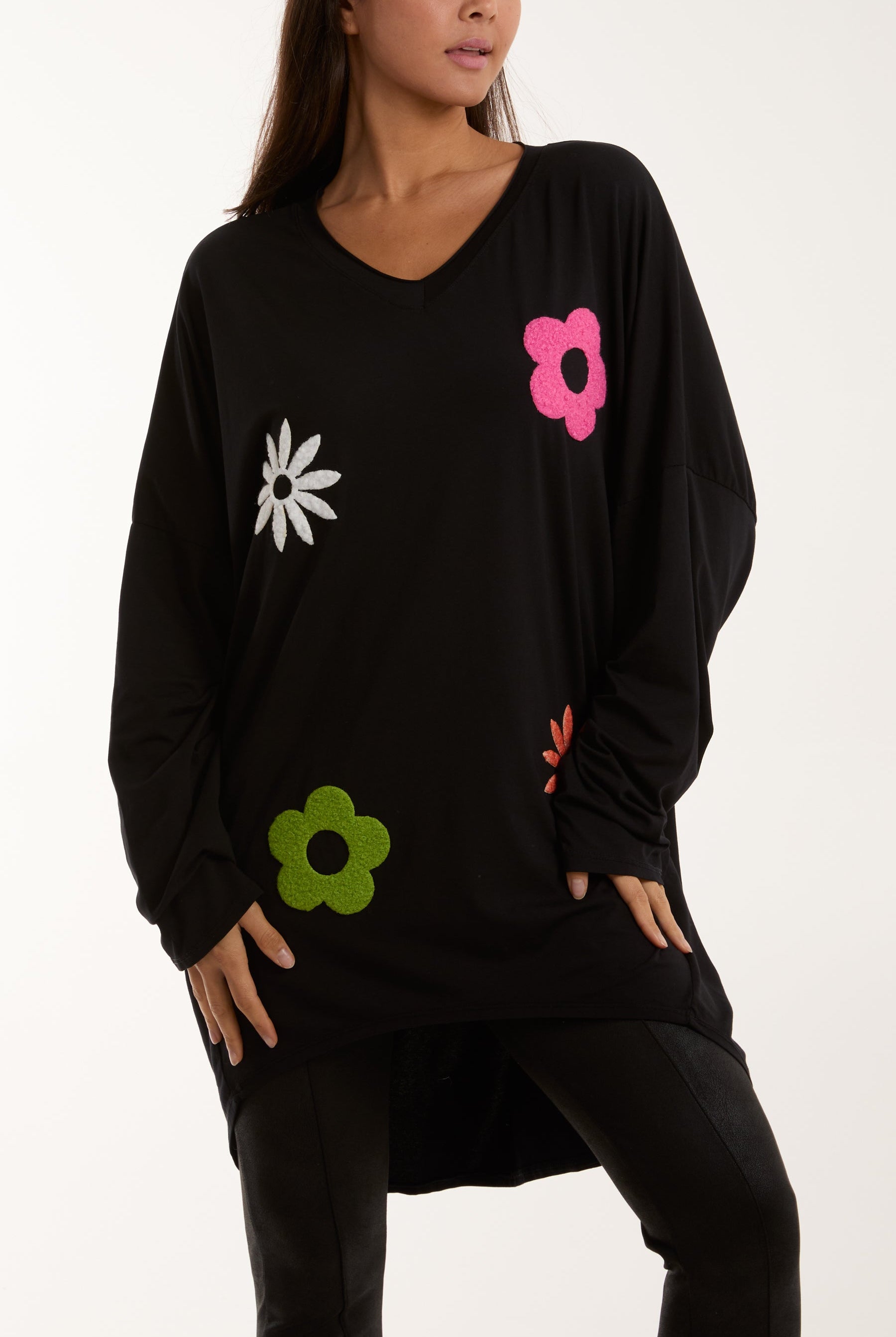 V-Neck Multicolour Flower Oversized Top Tops WearAll Black One Size