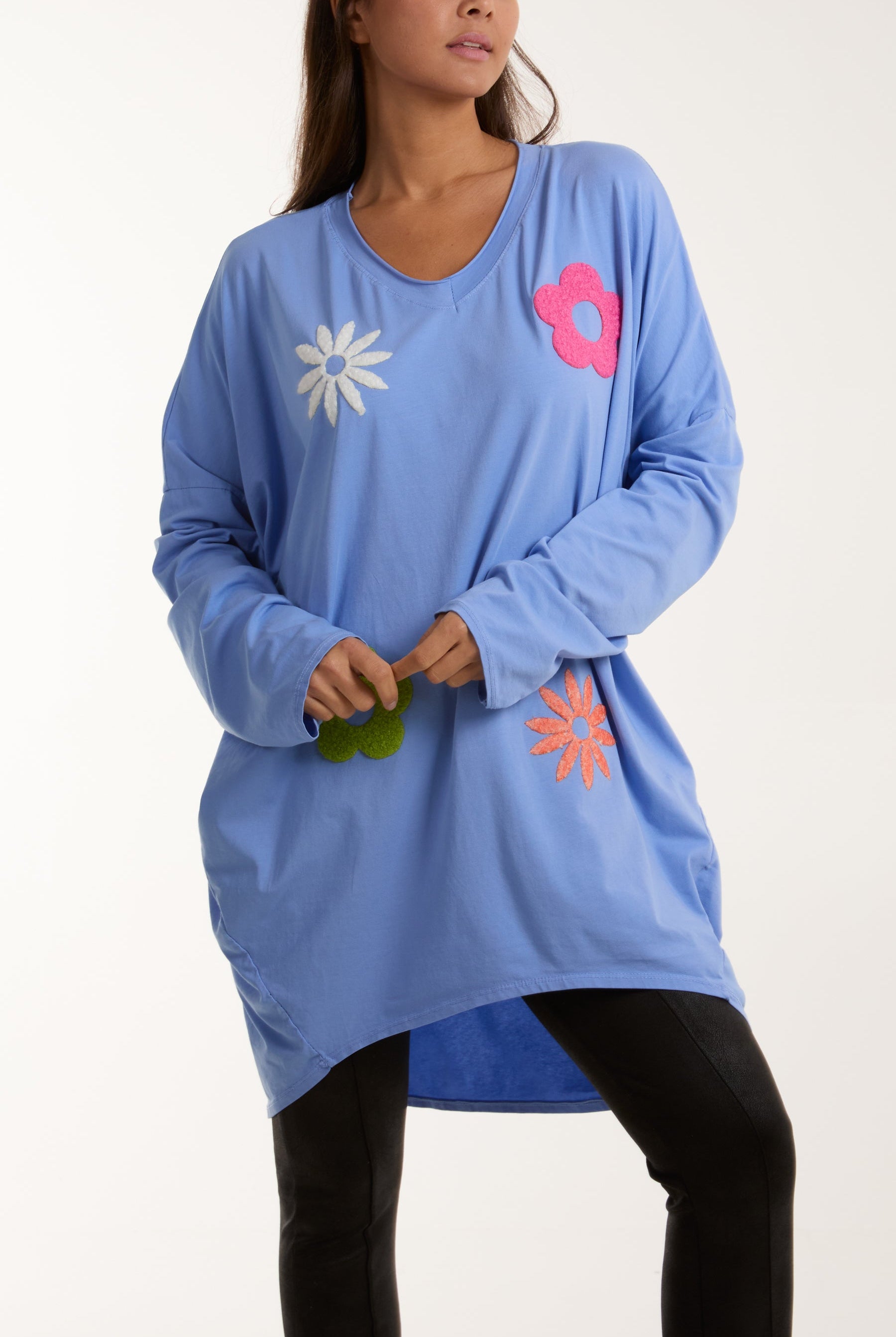 V-Neck Multicolour Flower Oversized Top Tops WearAll Light Blue One Size