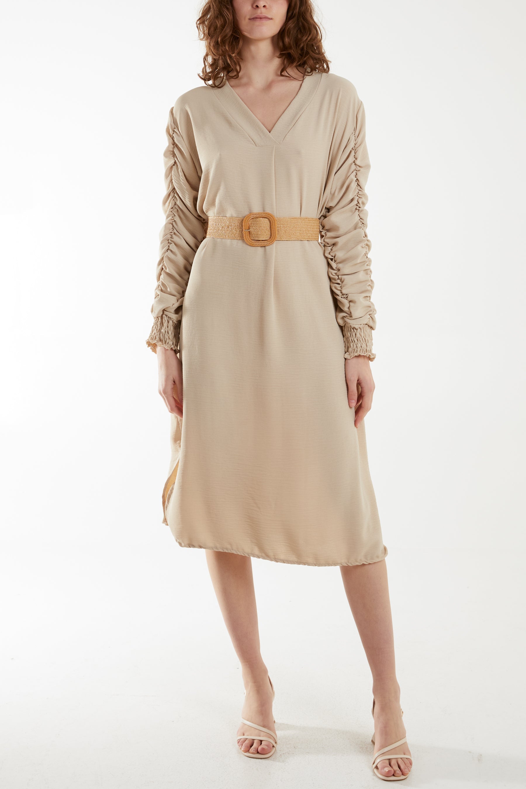 Ruffle Sleeve Pelted Midi Dress Dresses WearAll Stone One Size