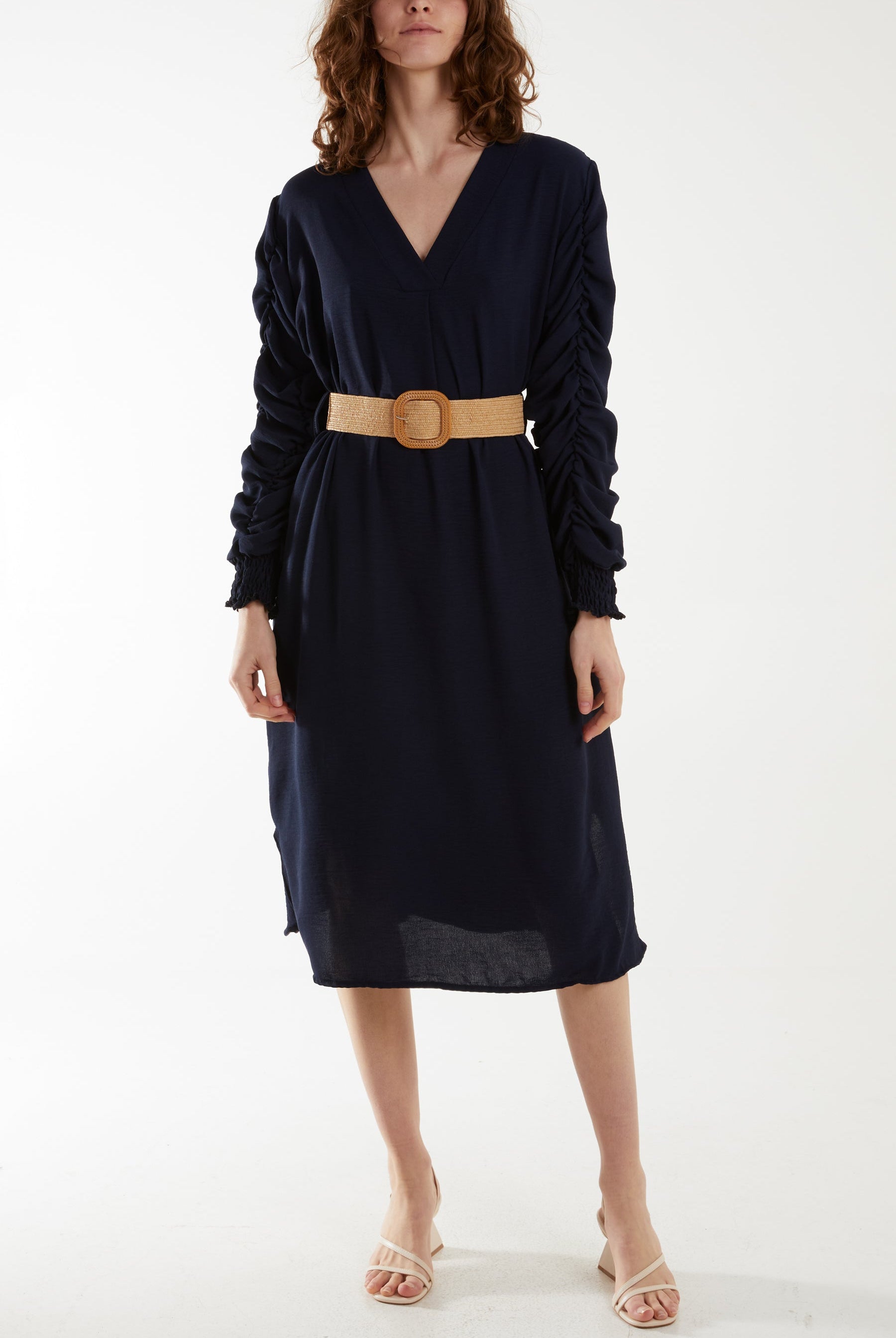 Ruffle Sleeve Pelted Midi Dress Dresses WearAll Navy One Size