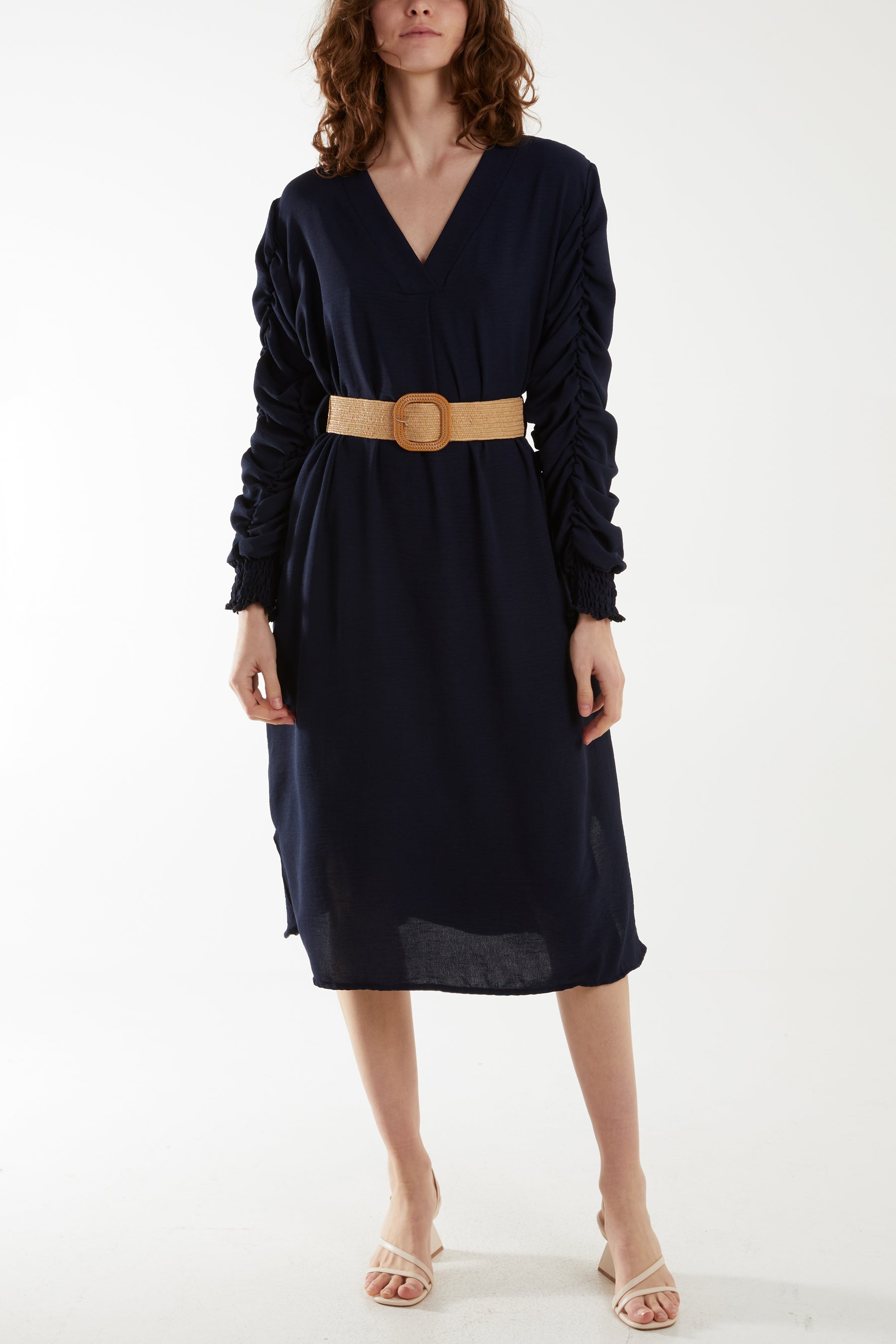 Ruffle Sleeve Pelted Midi Dress Dresses WearAll Navy One Size