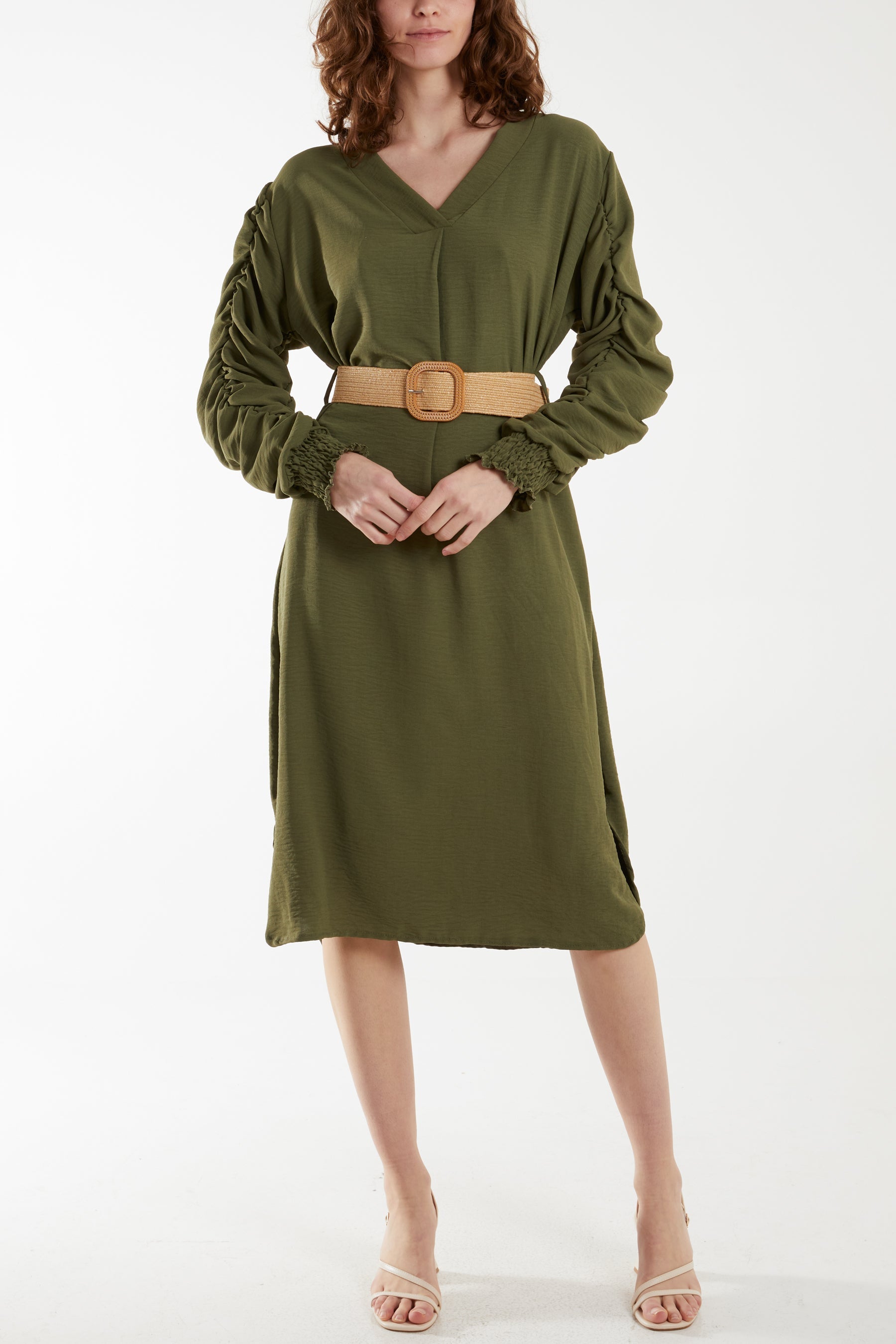 Ruffle Sleeve Pelted Midi Dress Dresses WearAll Khaki One Size
