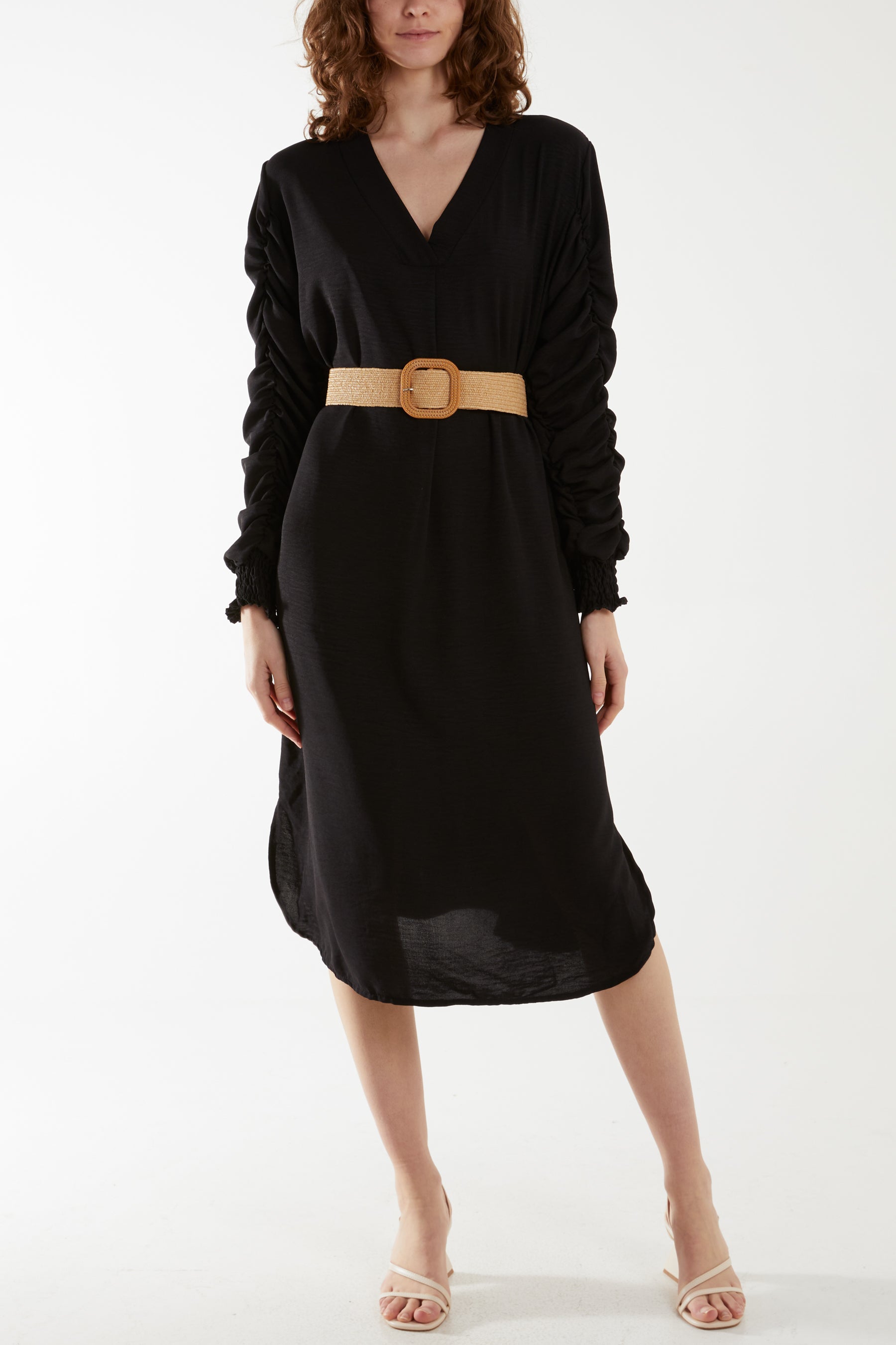 Ruffle Sleeve Pelted Midi Dress Dresses WearAll Black One Size
