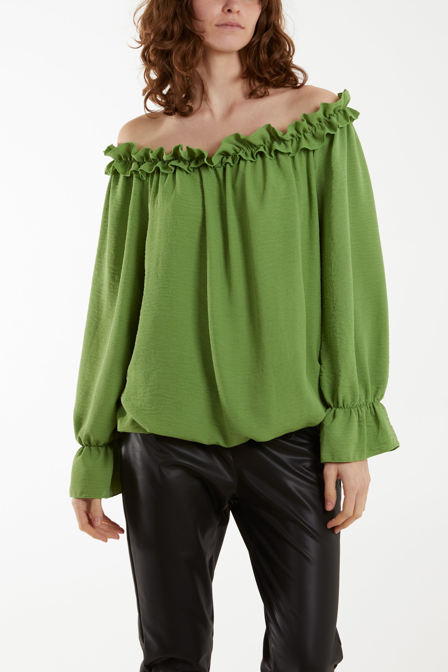 Bardot Ruffle Bubble Hem Blouse Tops WearAll Green One Size