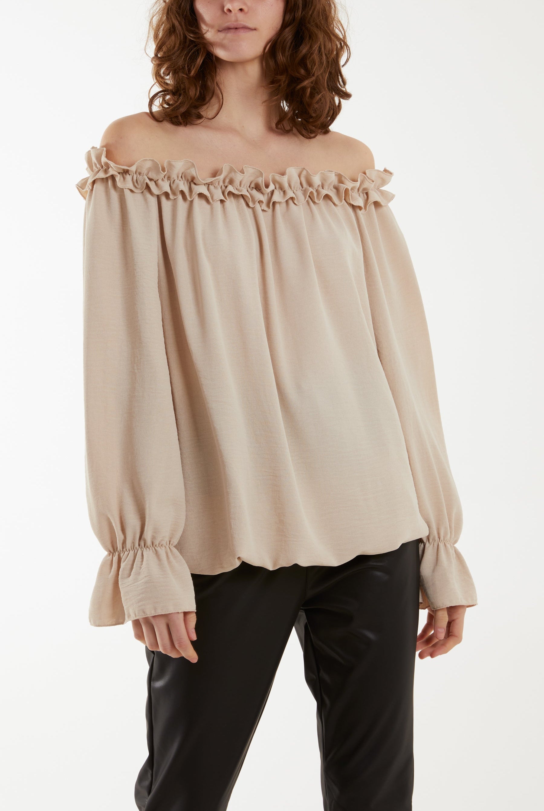 Bardot Ruffle Bubble Hem Blouse Tops WearAll Beige One Size